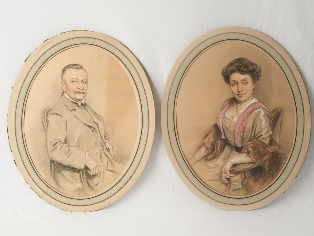Elegant oval painterly portrait pair