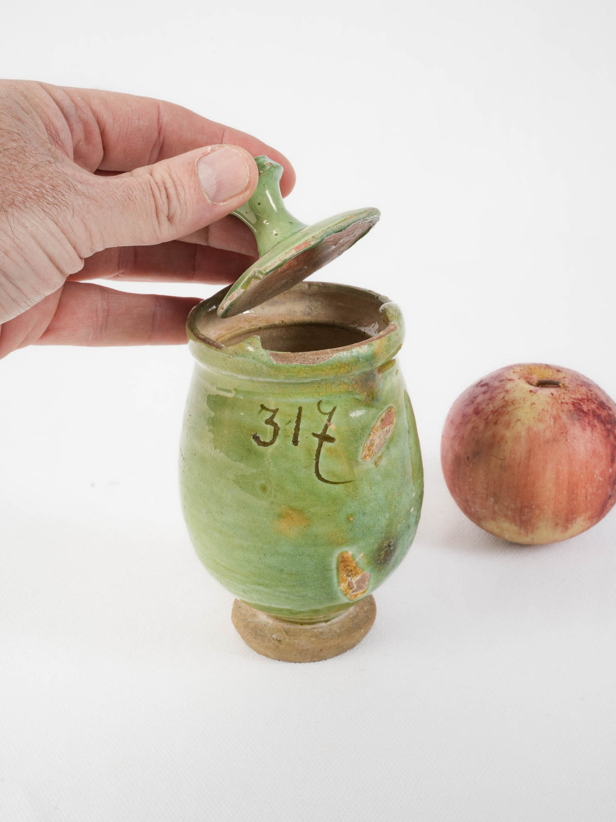 Antique French Green-Glazed Pot w/ Fitted Lid and Handwritten Markings - 6¼"