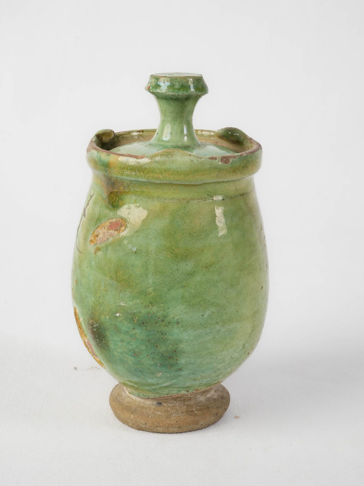 Antique French Green-Glazed Pot w/ Fitted Lid and Handwritten Markings - 6¼"