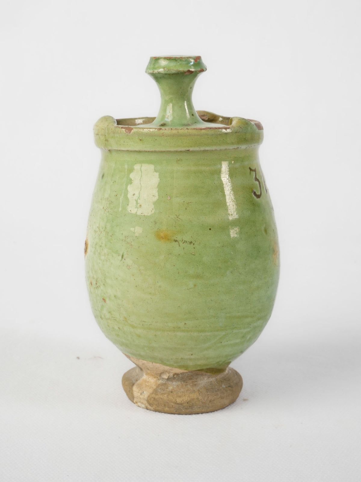 Antique French Green-Glazed Pot w/ Fitted Lid and Handwritten Markings - 6¼"
