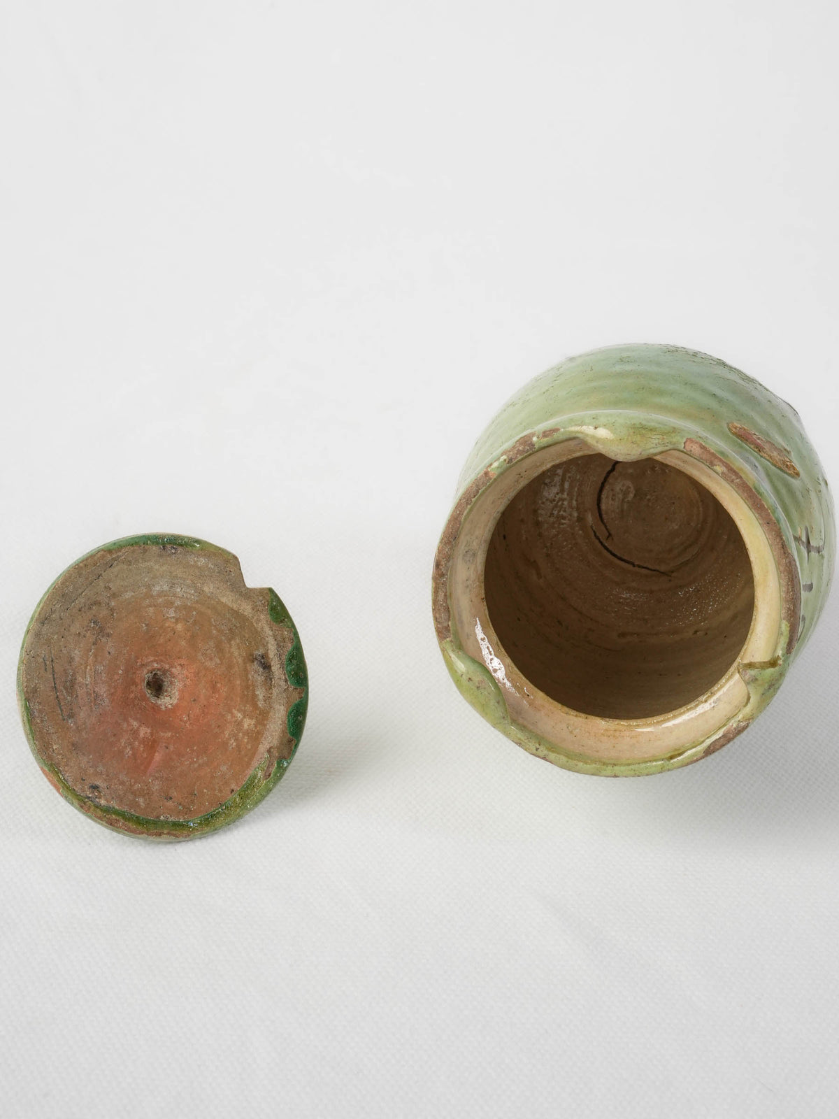 Antique French Green-Glazed Pot w/ Fitted Lid and Handwritten Markings - 6¼"