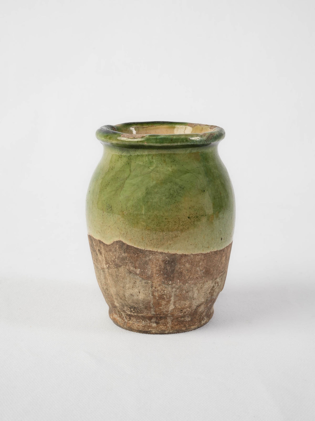 Small Antique French Confit Pot, Half-Glazed in Olive Green - 5½"