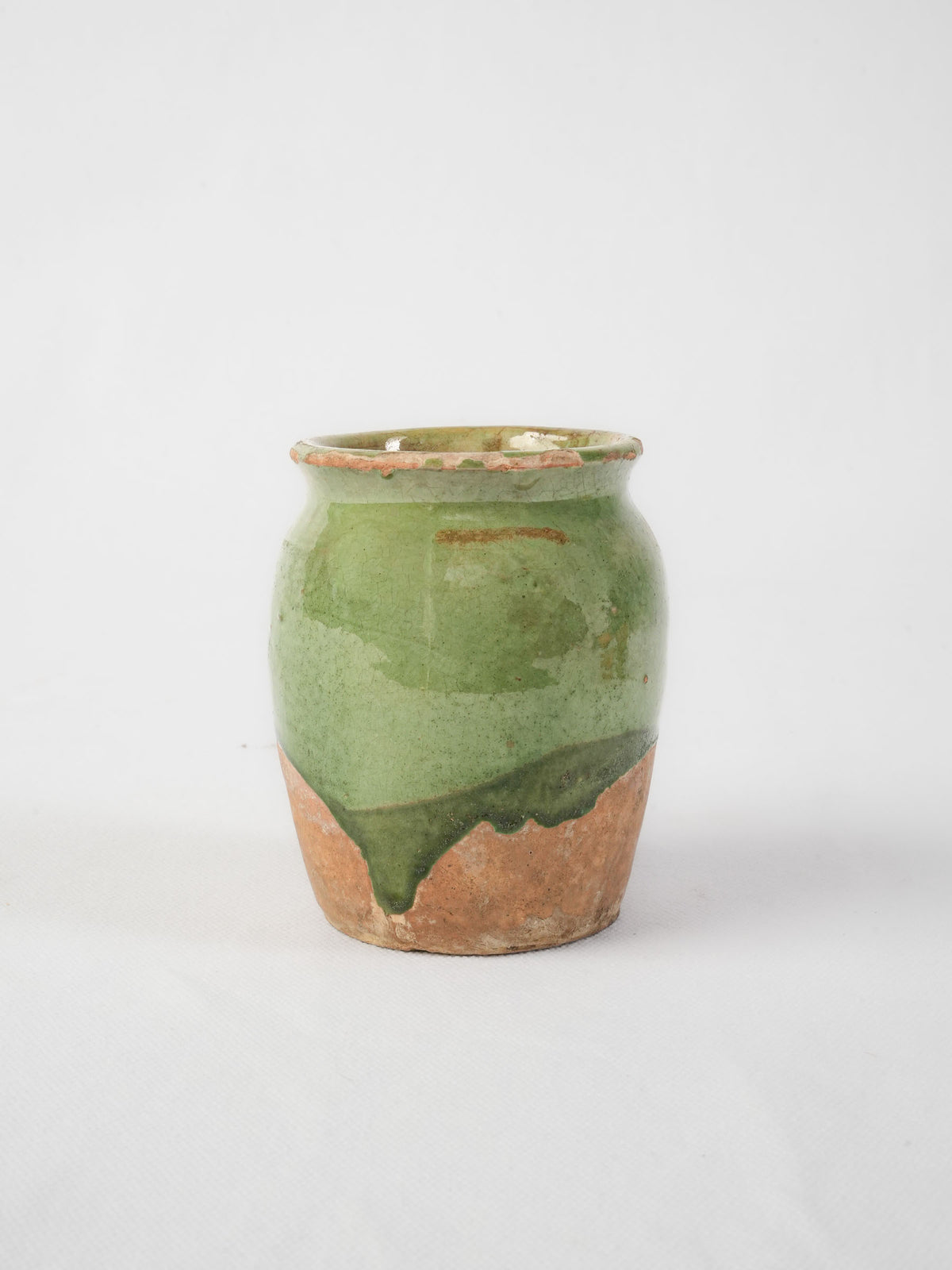 Small Antique French Confit Pot w/ Flowing Green Glaze - 4"