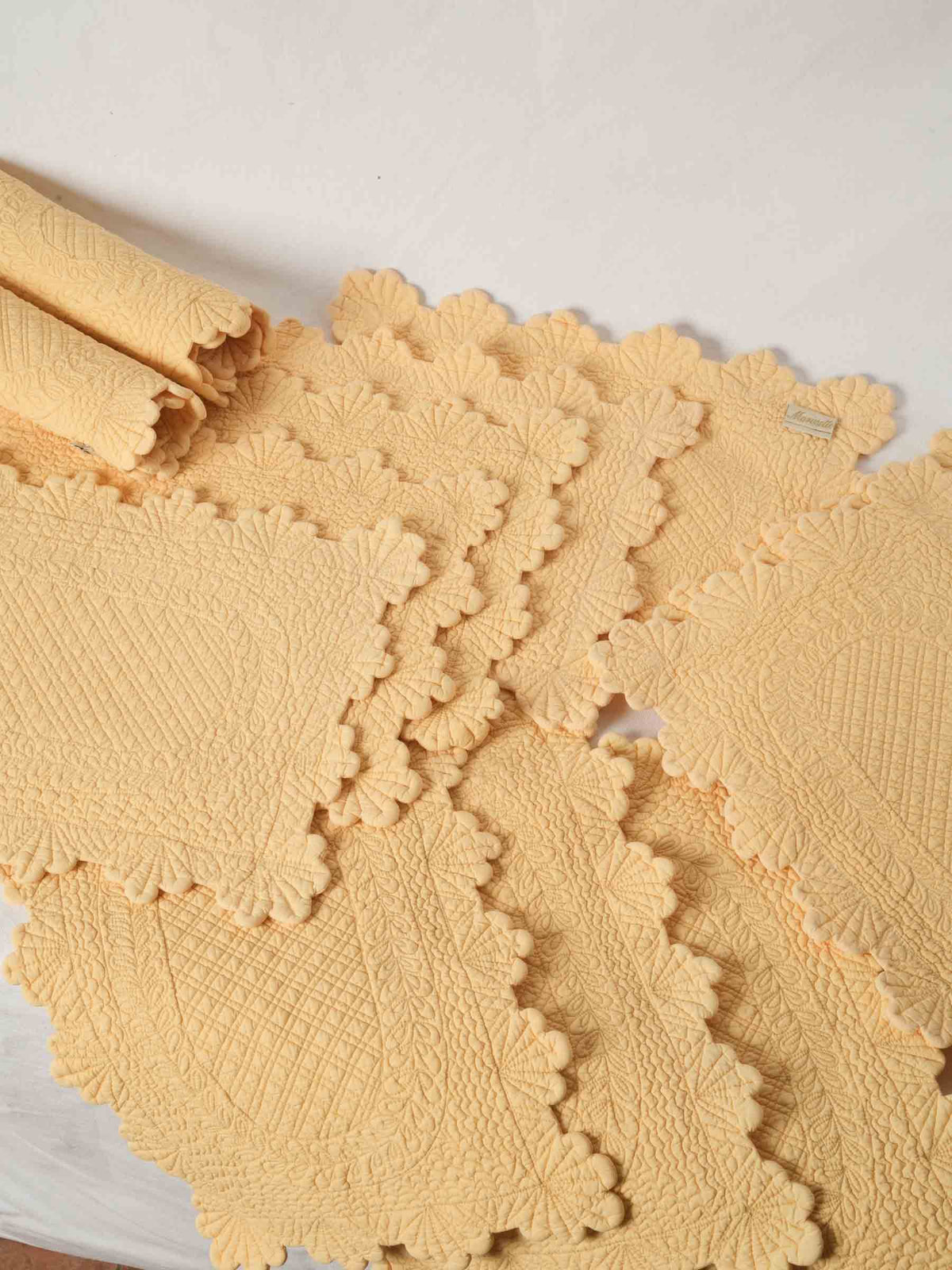 Set of Fourteen French Embroidered Butter Yellow Placemats 13½" x 18"