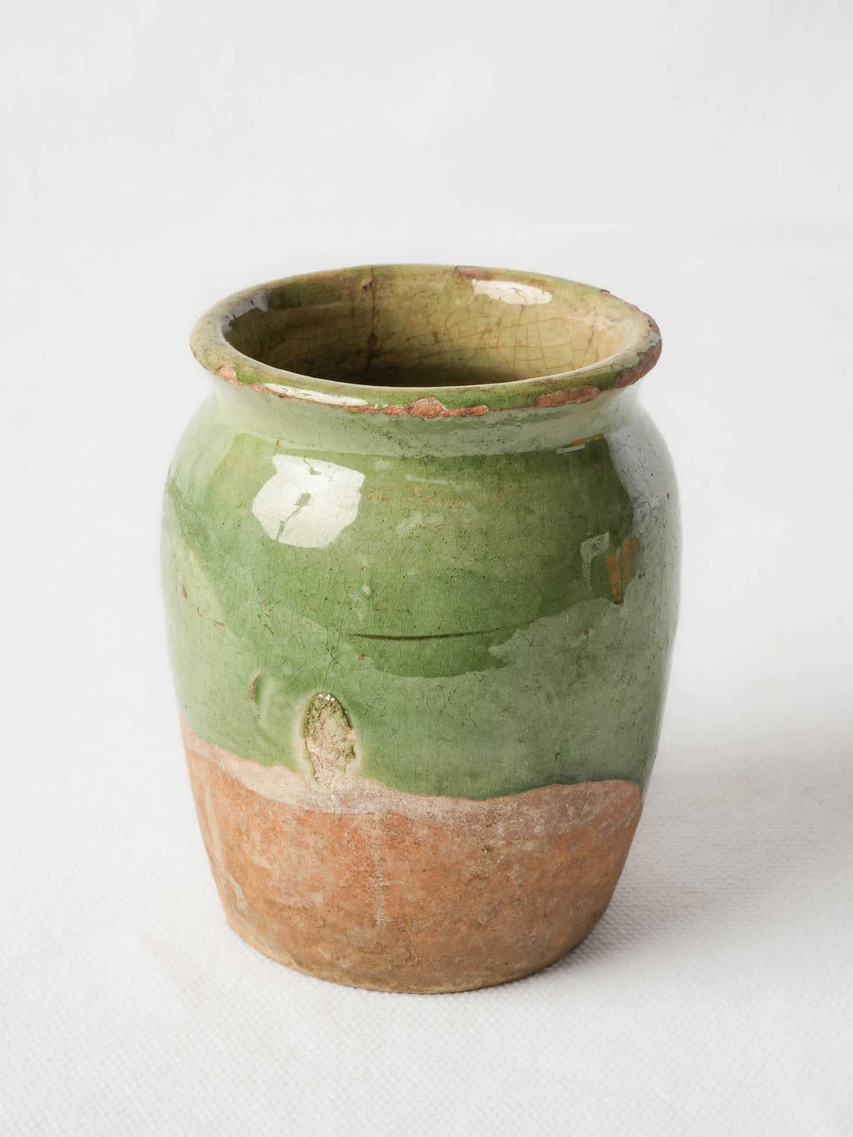 Small Antique French Confit Pot w/ Flowing Green Glaze - 4"