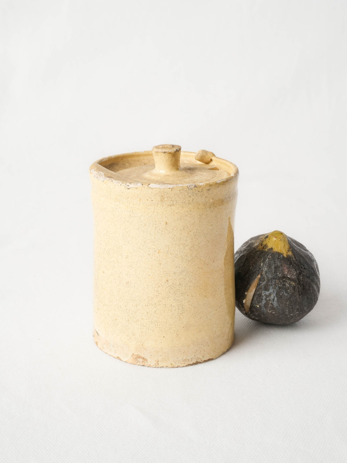 Small Antique French Cream-Glazed Pot with Twist-Lock Lid - 4¾"