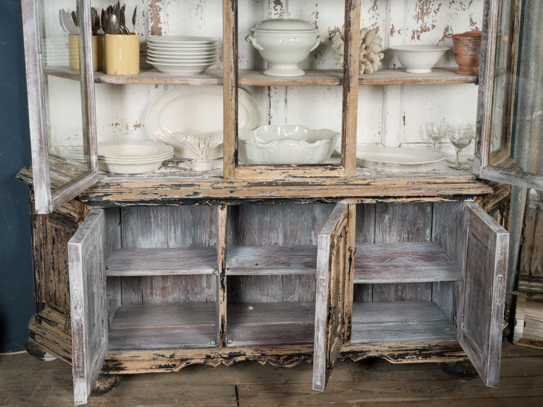 Antique French Vitrine Cabinet w/ Distressed Finish - 87"