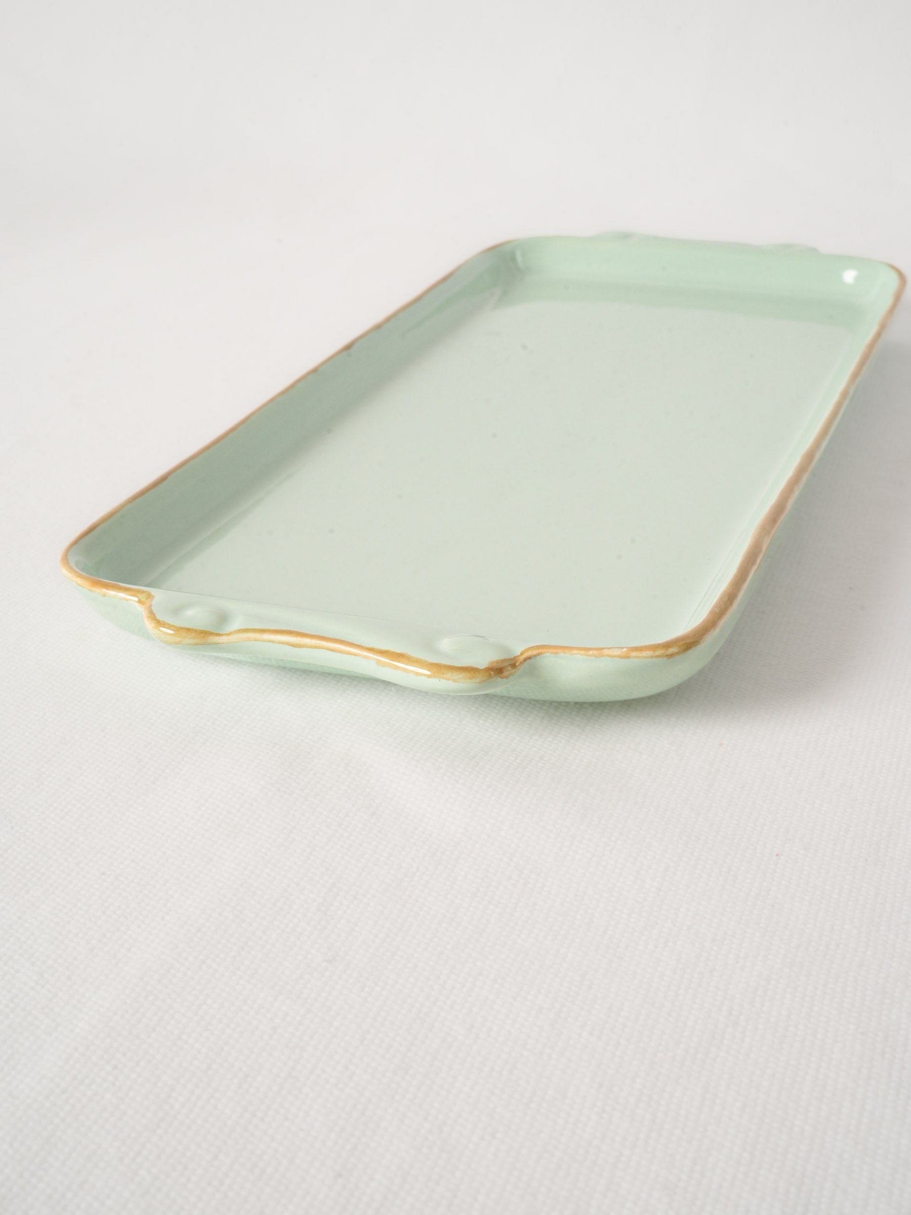 Handmade Ceramic Platter with Celadon Glaze & Brown Rim