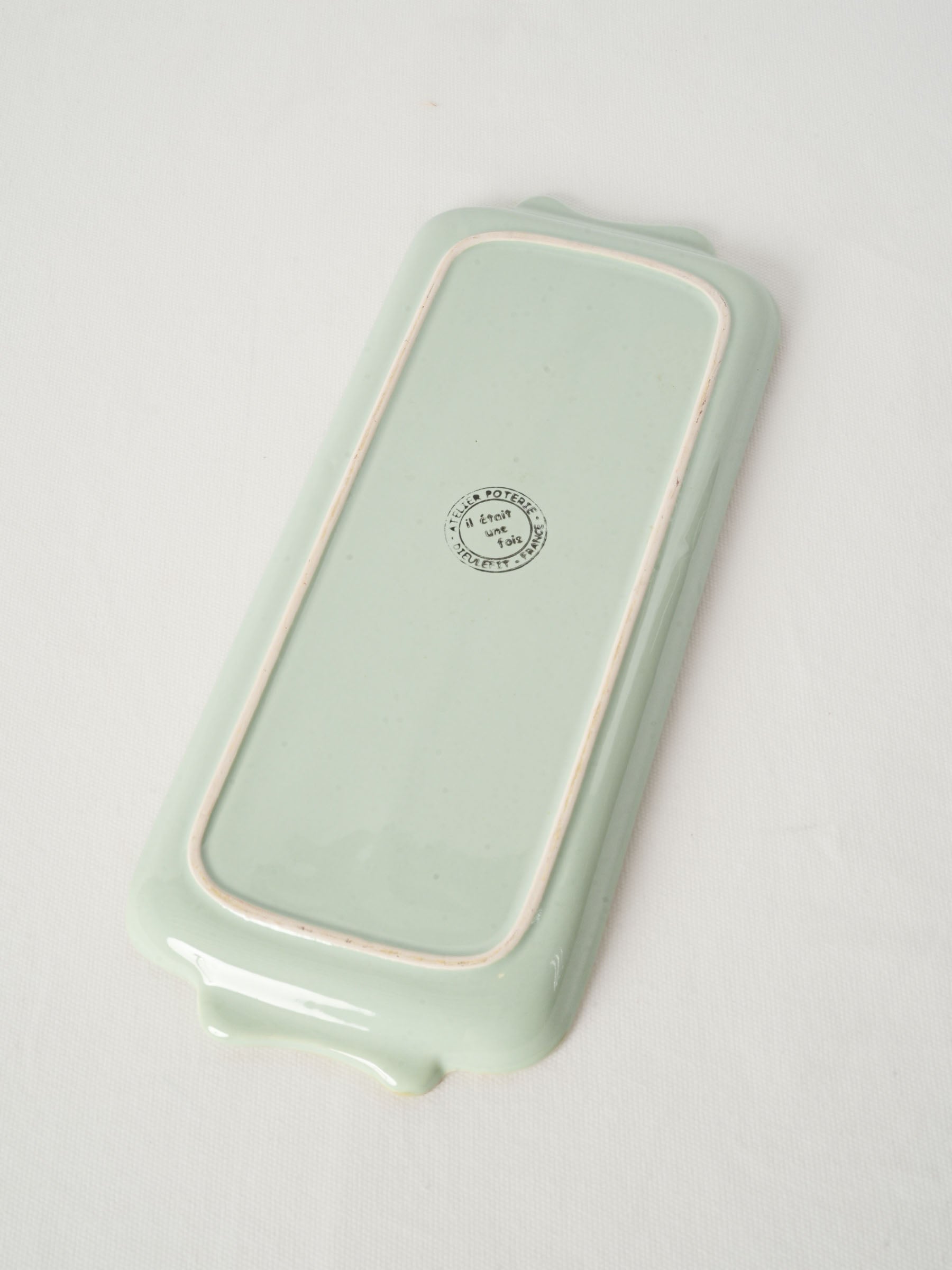 Handmade Ceramic Platter with Celadon Glaze & Brown Rim