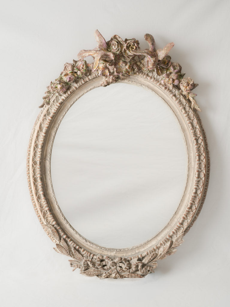 French Belle Époque Romantic Oval Mirror w/ Flowers and Birds - 36½" x 28"