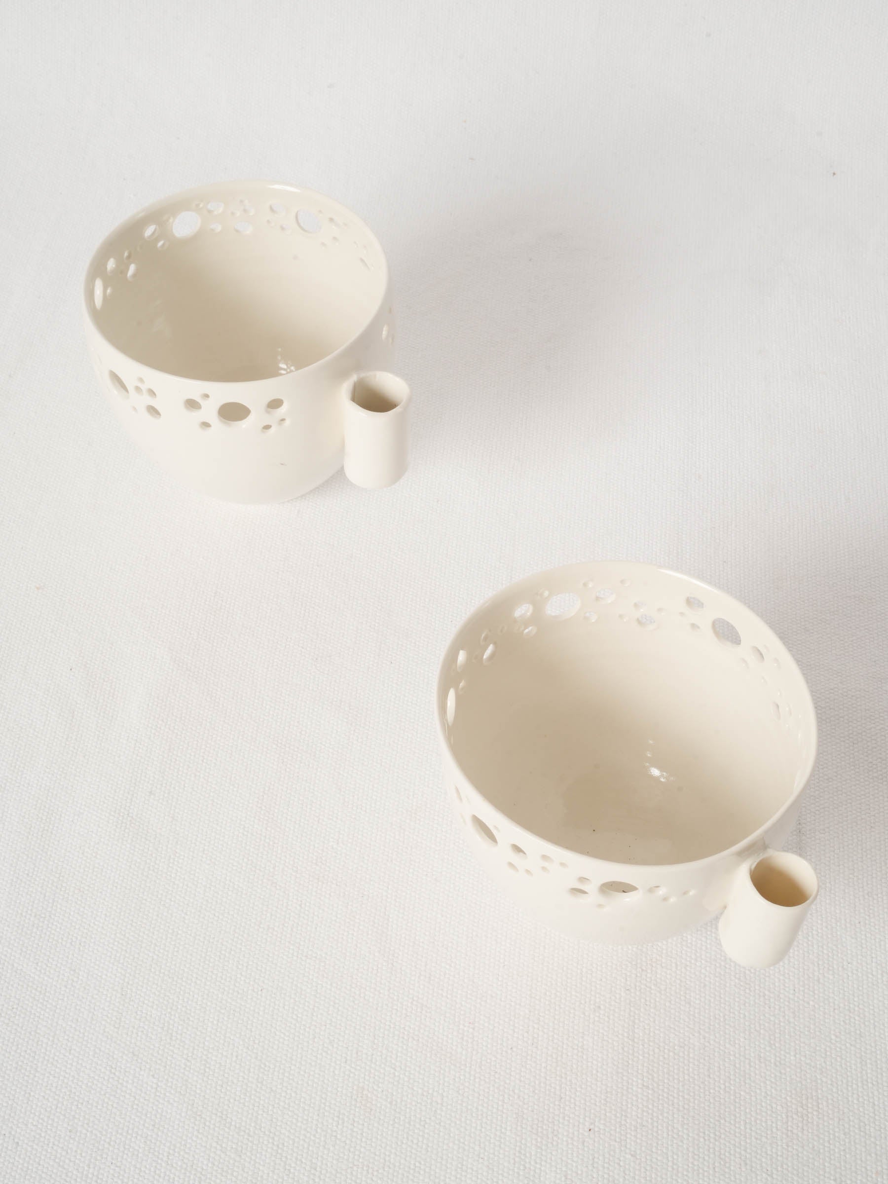 Pair of Handmade Porcelain Olive Bowls with Pierced Rim