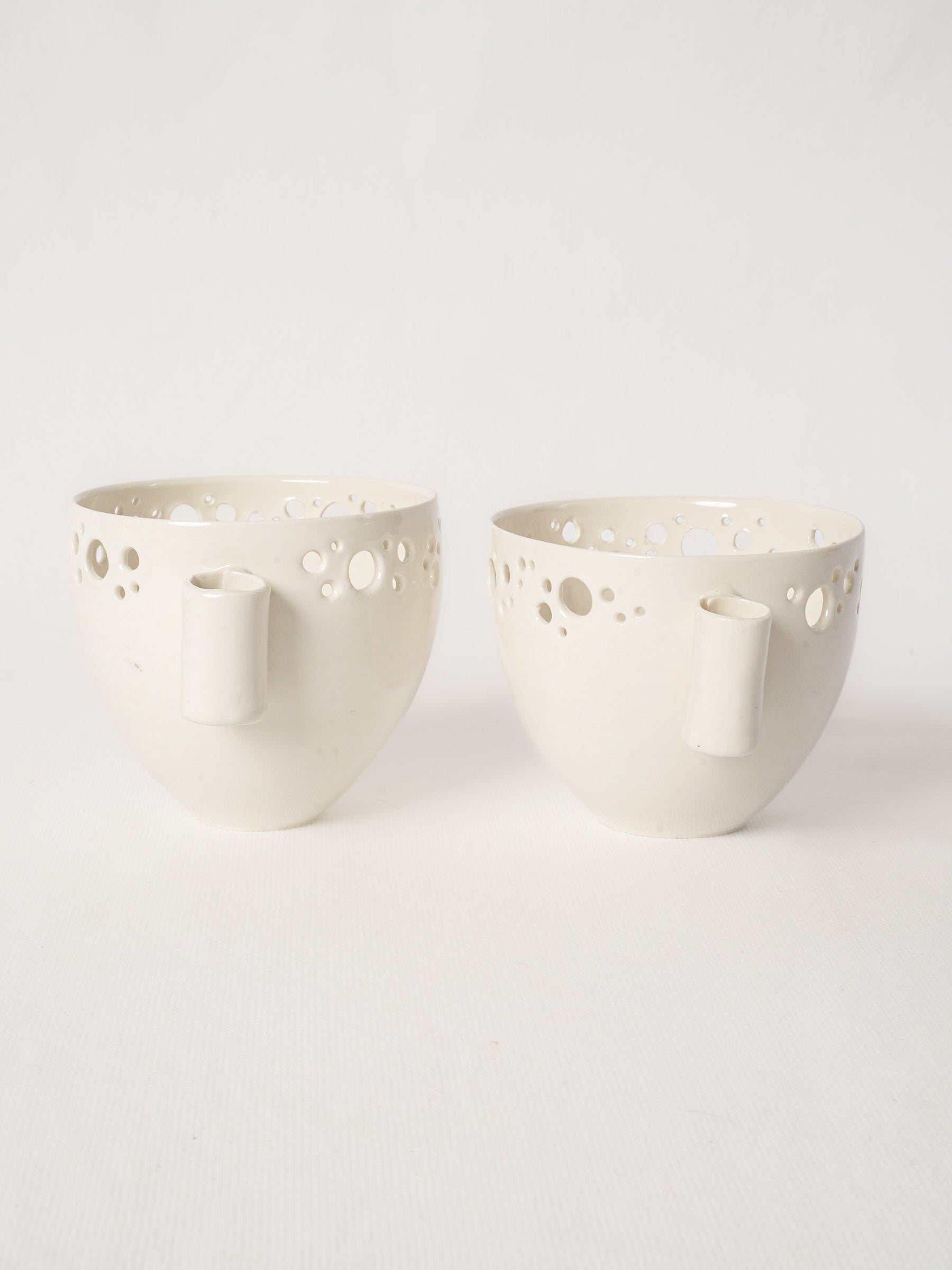 Pair of Handmade Porcelain Olive Bowls with Pierced Rim