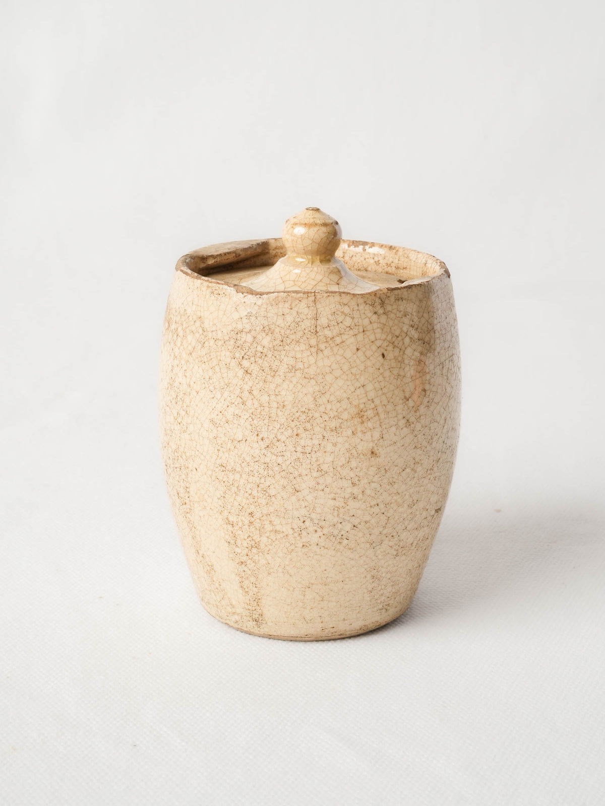 Petite Antique Cream-Glazed Pot with Twist-Lock Lid and Beautiful Crazed Patina - 4¼"