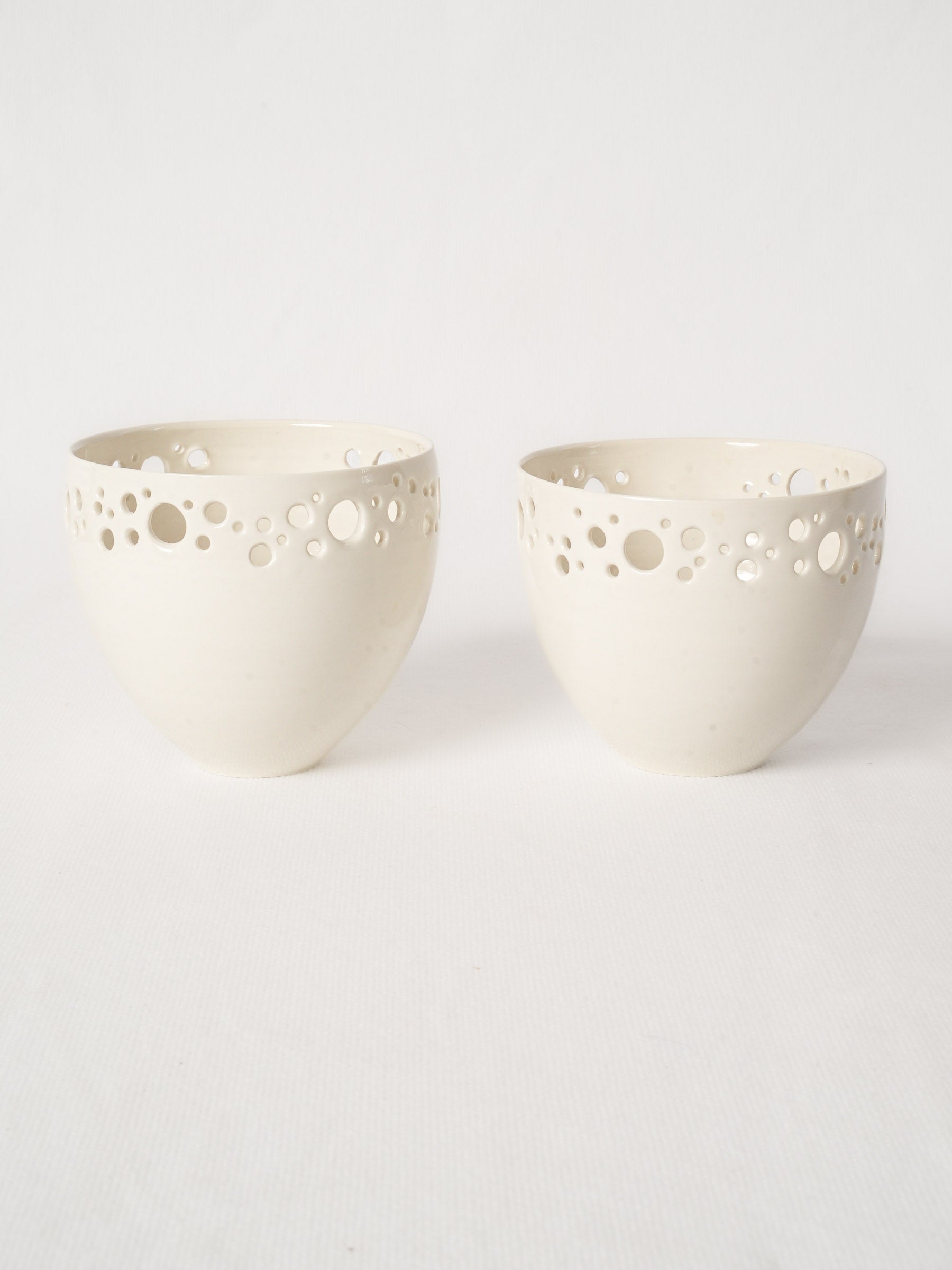 Pair of Handmade Porcelain Olive Bowls with Pierced Rim