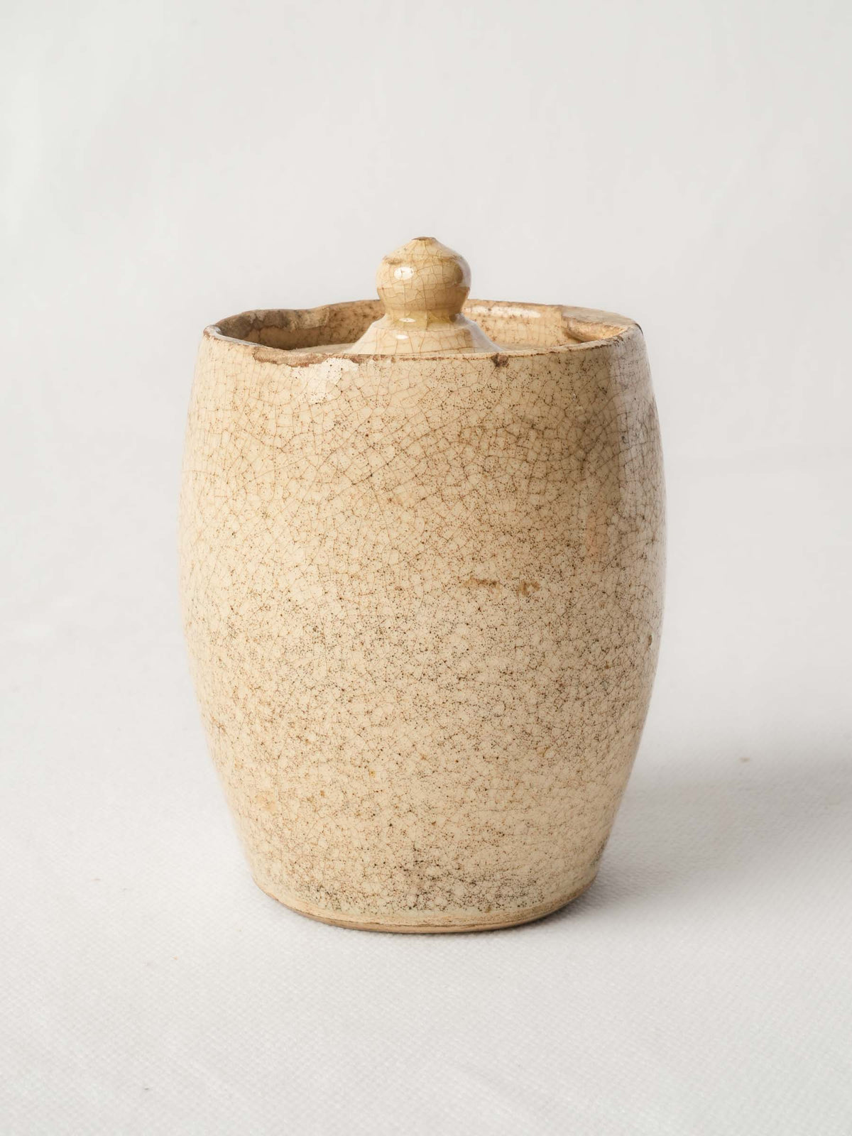 Petite Antique Cream-Glazed Pot with Twist-Lock Lid and Beautiful Crazed Patina - 4¼"
