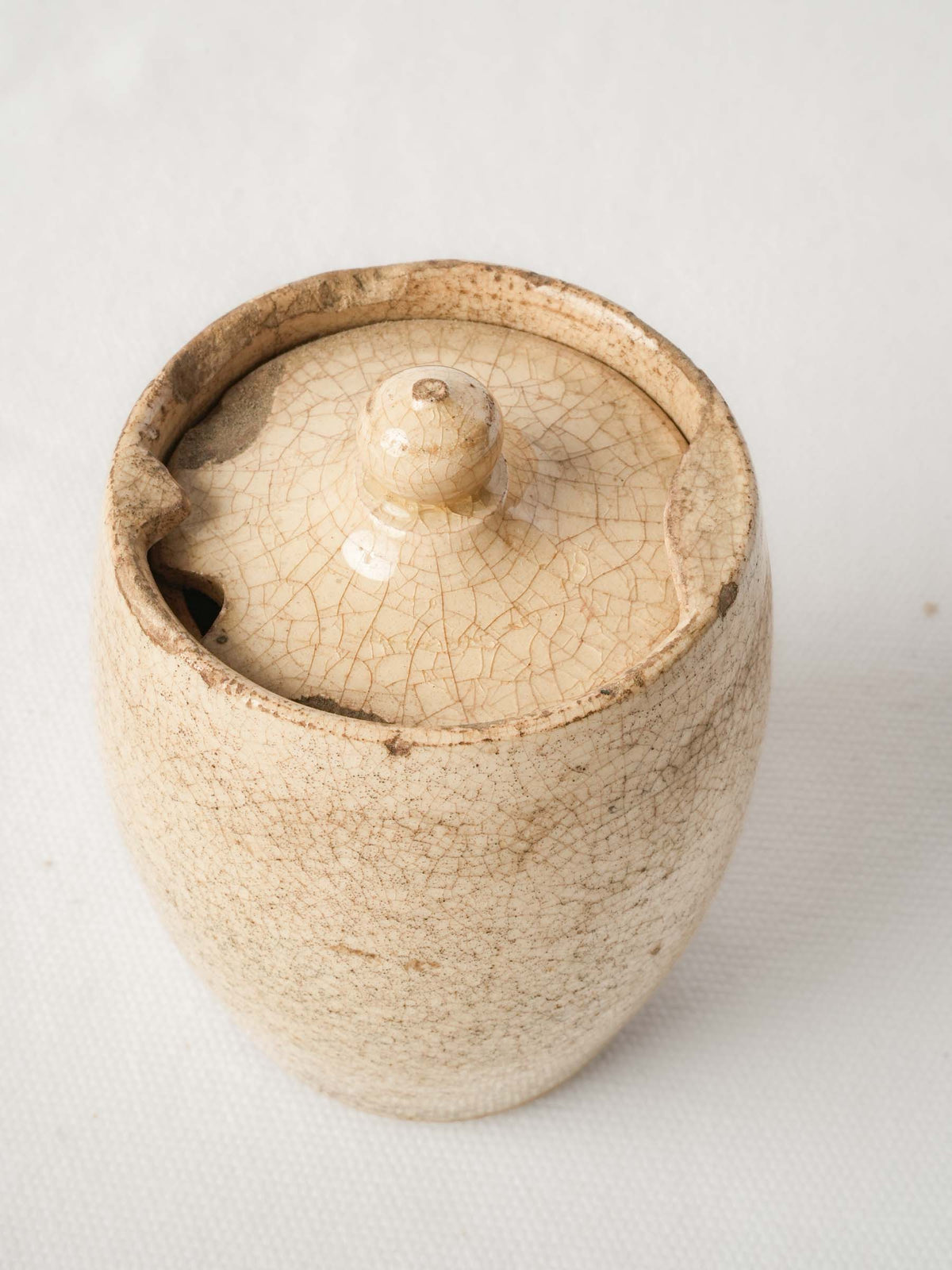 Petite Antique Cream-Glazed Pot with Twist-Lock Lid and Beautiful Crazed Patina - 4¼"