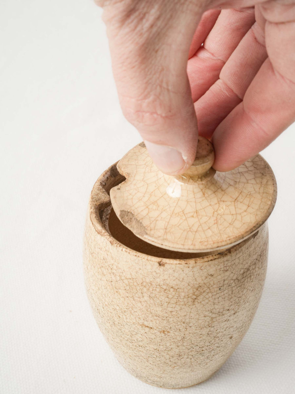 Petite Antique Cream-Glazed Pot with Twist-Lock Lid and Beautiful Crazed Patina - 4¼"