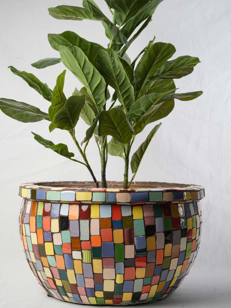 large mosaic plant pots 1960s Terracotta Cachepot With Pique-Assiette Mosaic 12½"