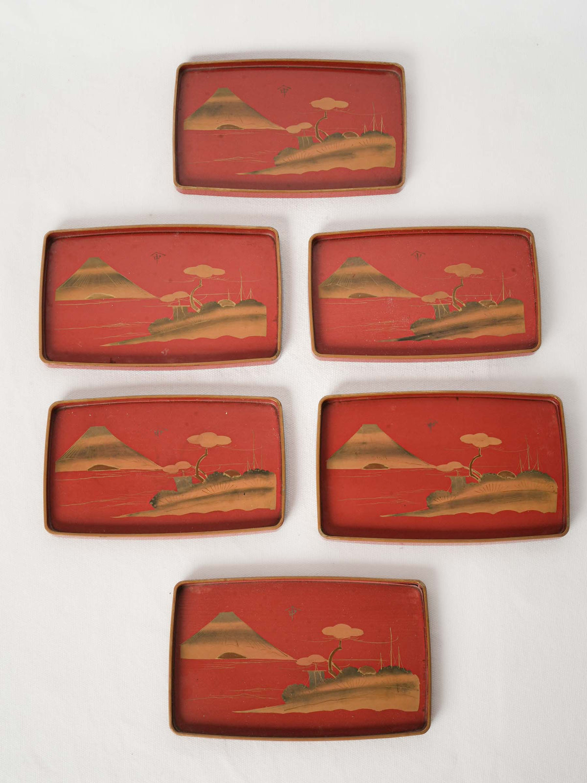 Set of 6 Antique Japanese Lacquer Serving Trays with Gilt Mount Fuji