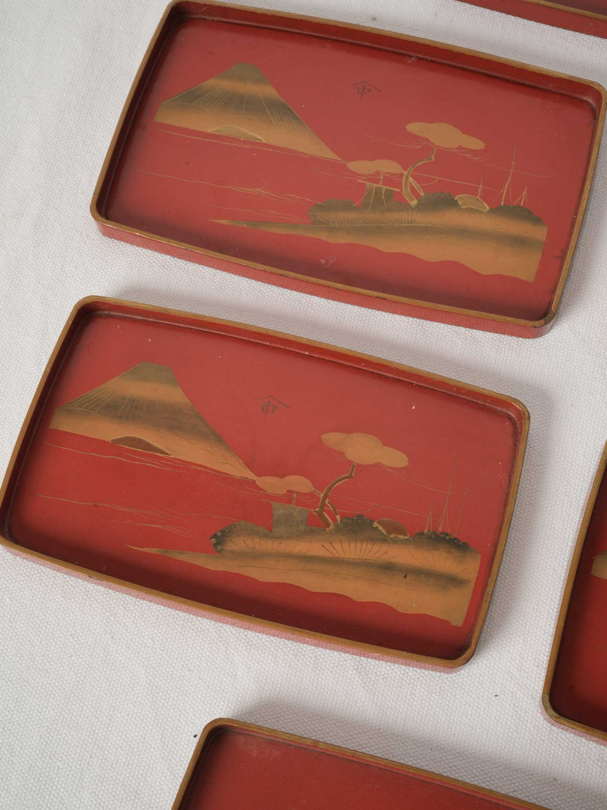 Set of 6 Antique Japanese Lacquer Serving Trays with Gilt Mount Fuji