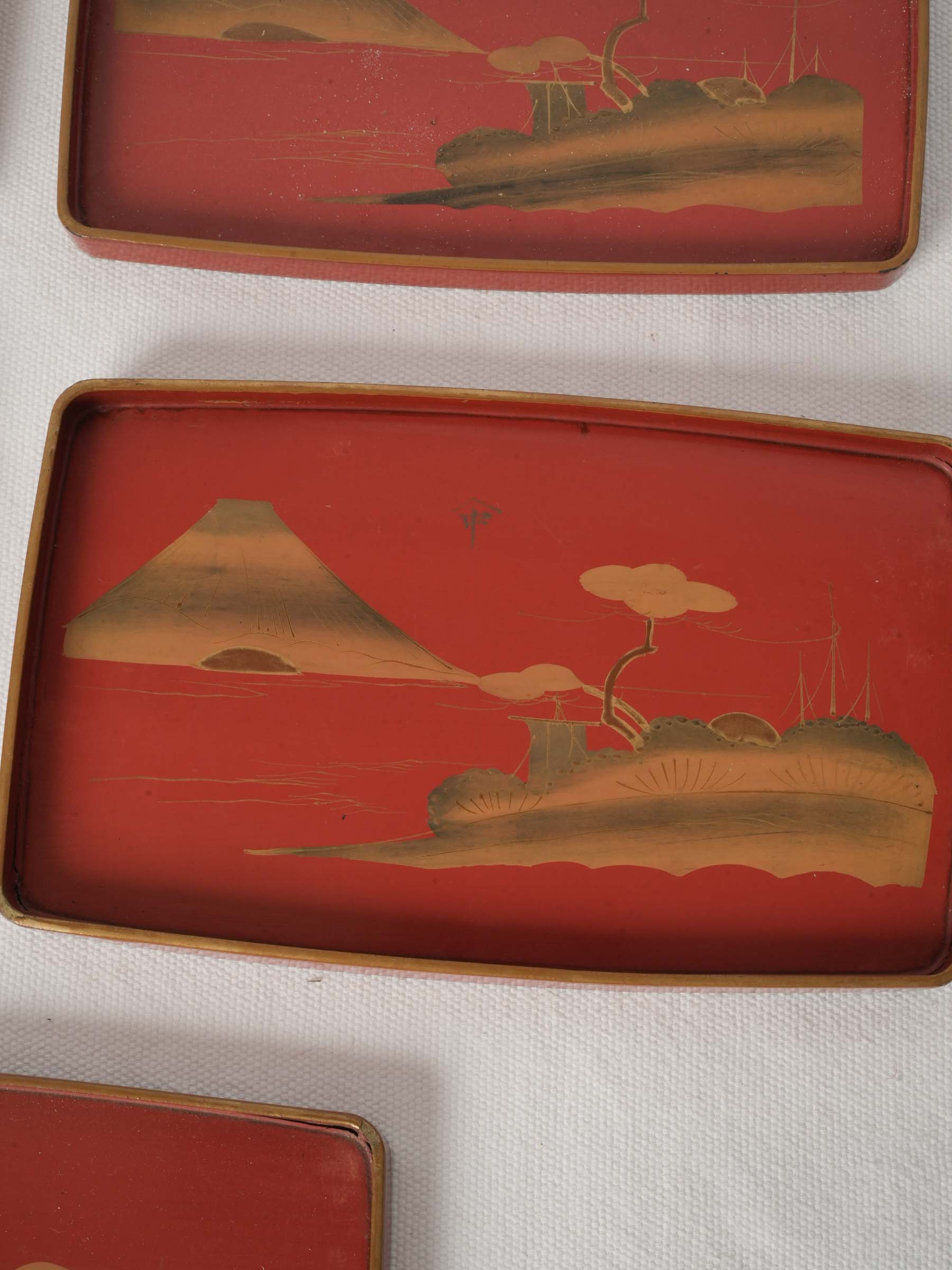 Set of 6 Antique Japanese Lacquer Serving Trays with Gilt Mount Fuji