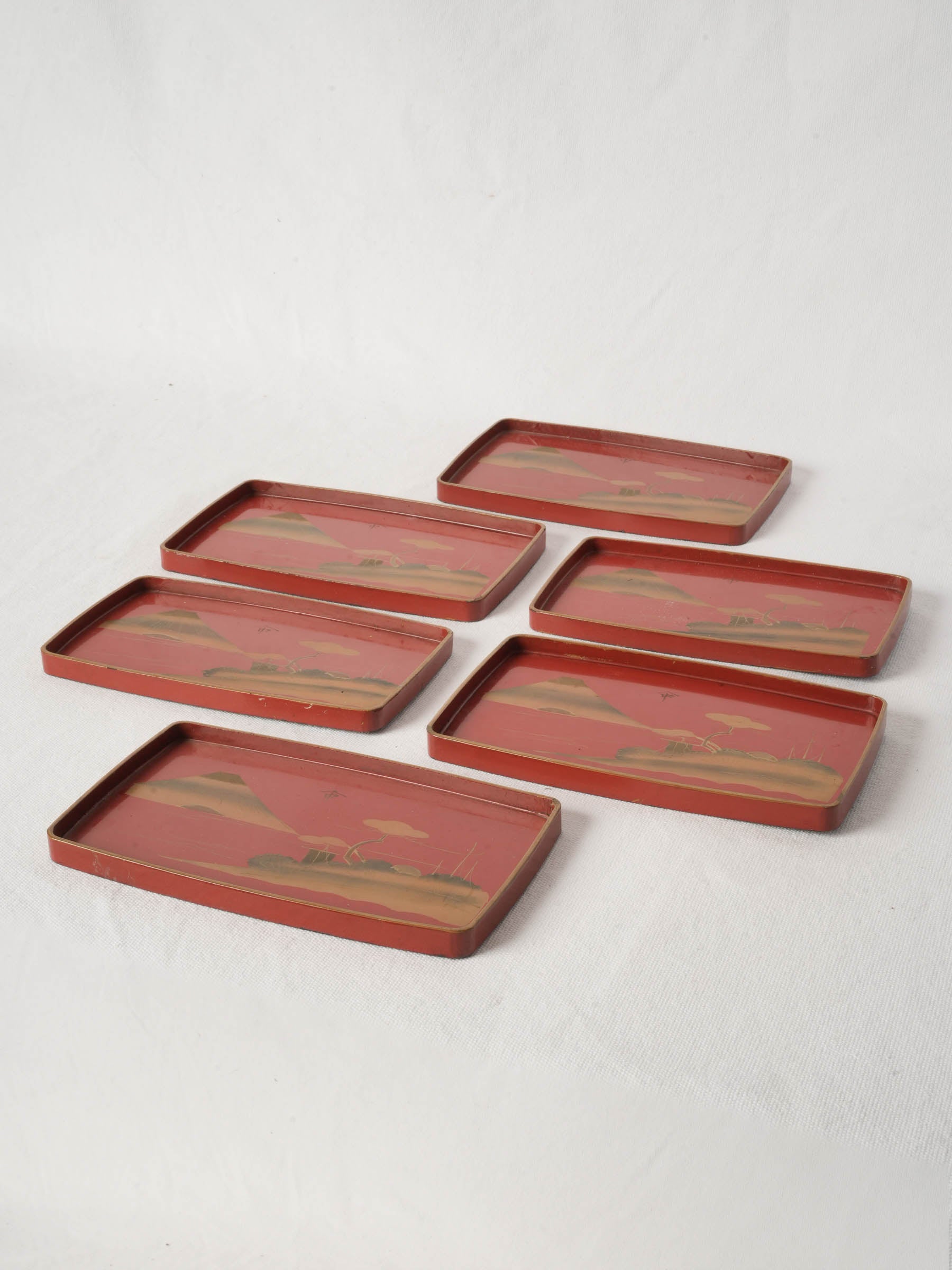 Set of 6 Antique Japanese Lacquer Serving Trays with Gilt Mount Fuji