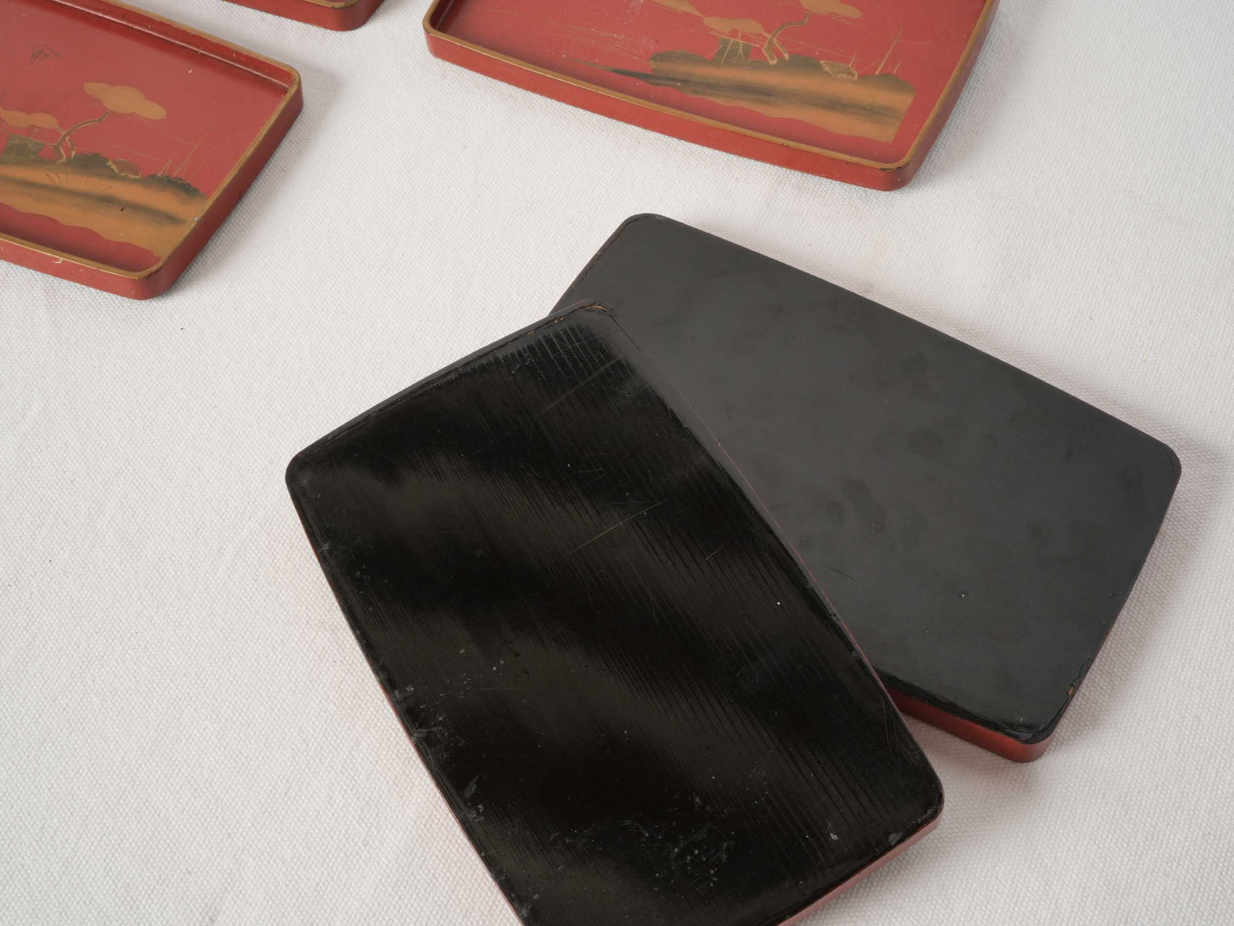 Set of 6 Antique Japanese Lacquer Serving Trays with Gilt Mount Fuji