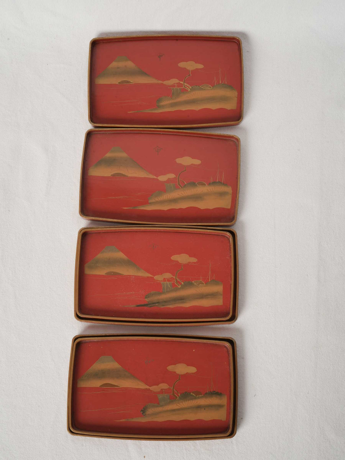 Set of 6 Antique Japanese Lacquer Serving Trays with Gilt Mount Fuji