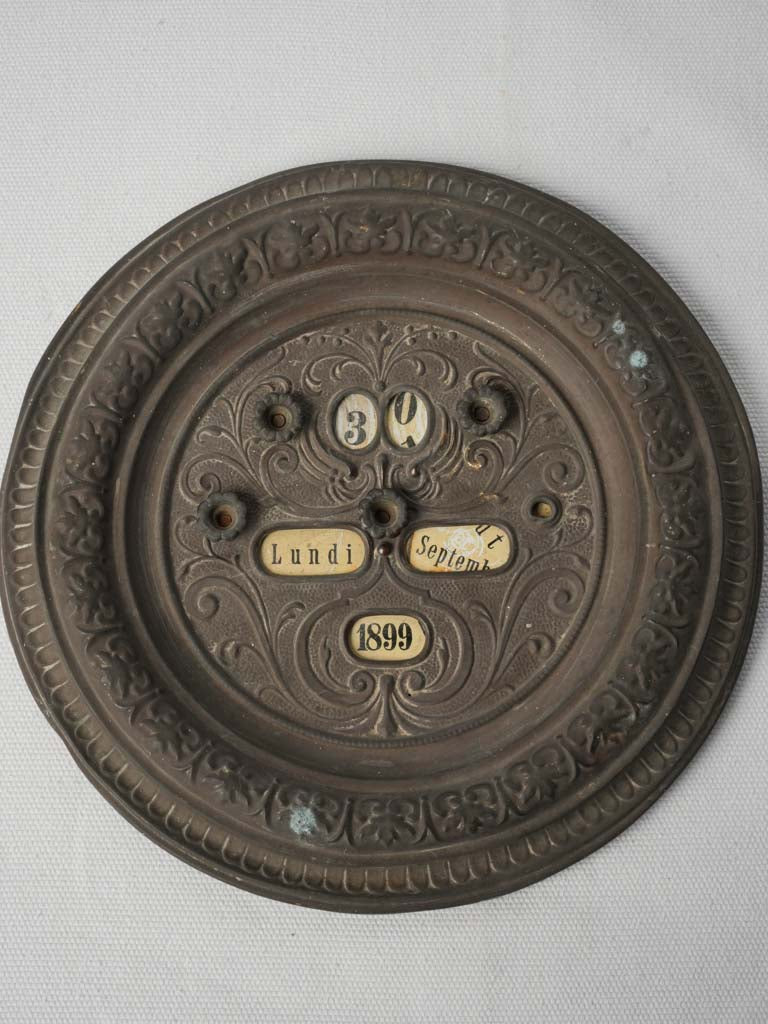 Charming French Perpetual Calendar in Embossed Tin - 1892 to 1901 - 9"