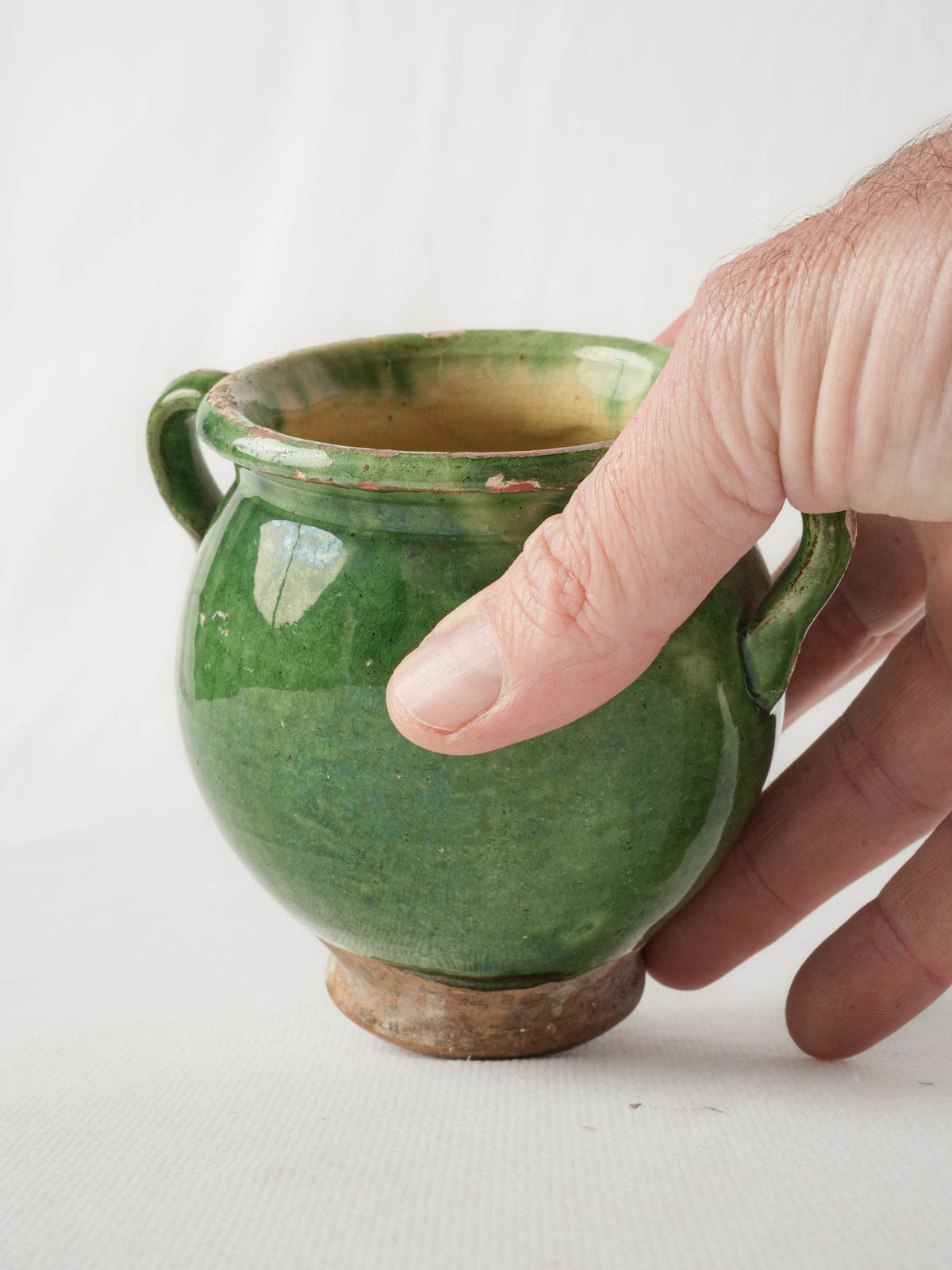 Petite Antique French Green-Glazed Confit Pot with Twin Handles - 4"