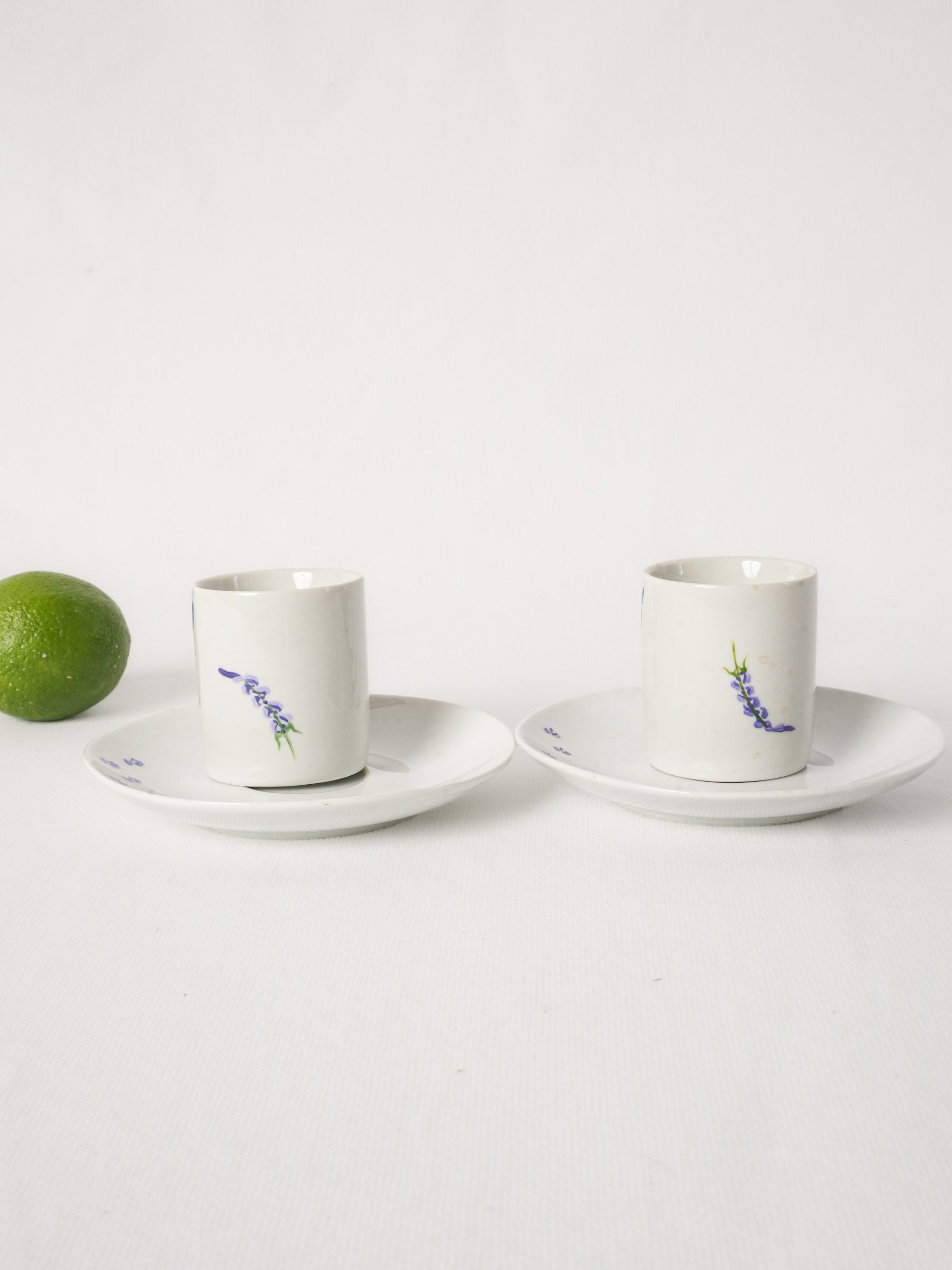 Pair of Hand-Painted Lavender Espresso Cups and Saucers from Sault