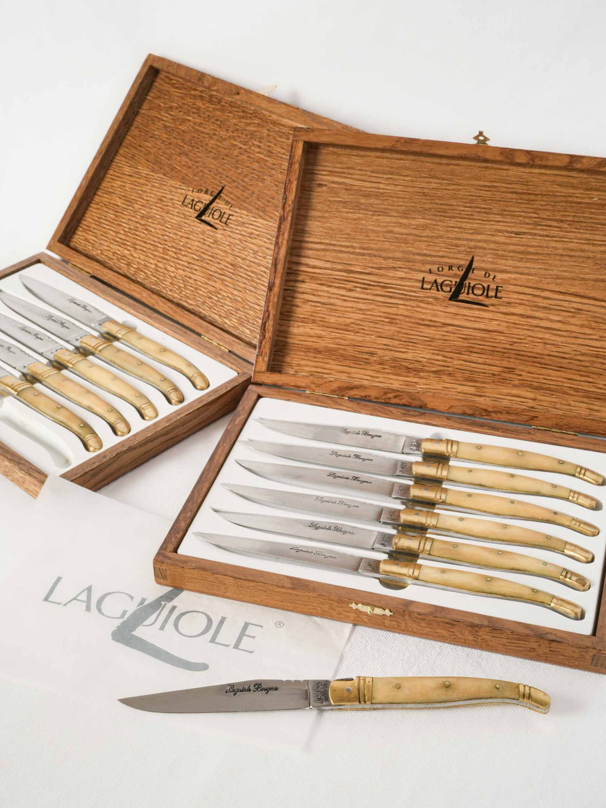 Set of 12 French Laguiole Horn Handle Steak Knives in Oak Cases