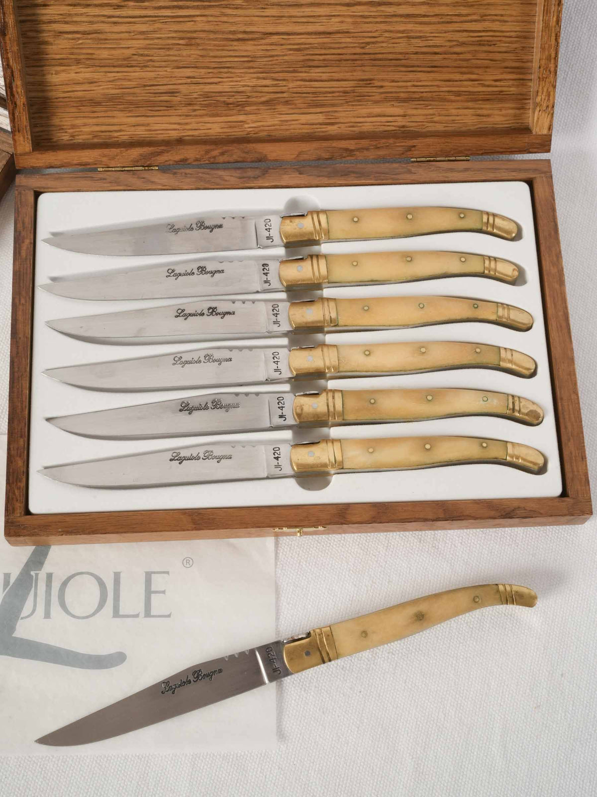 Set of 12 French Laguiole Horn Handle Steak Knives in Oak Cases