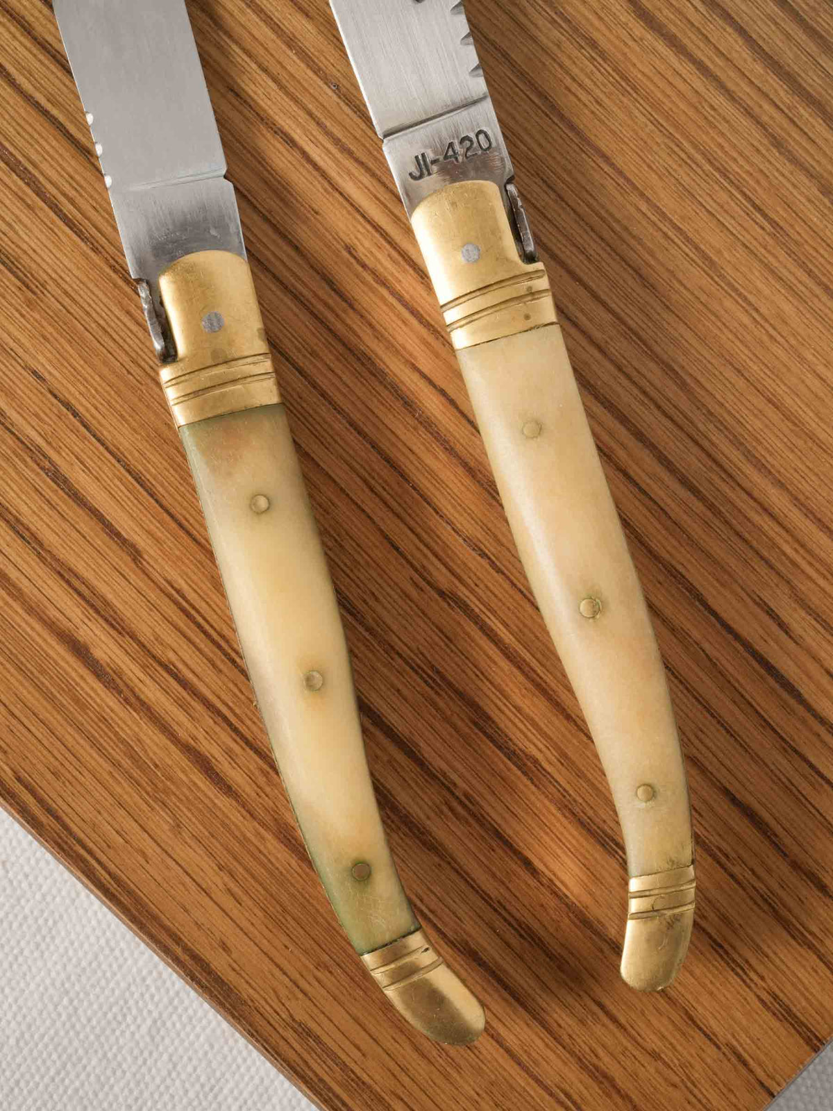 Set of 12 French Laguiole Horn Handle Steak Knives in Oak Cases