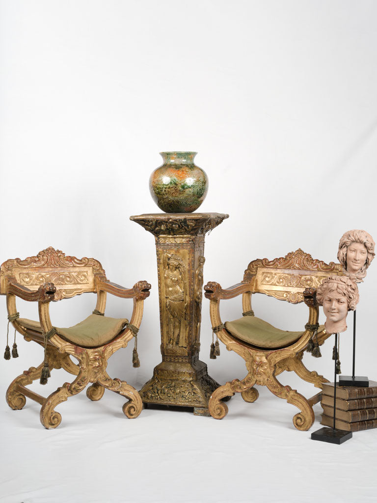 Aged terracotta twins, iron-supported