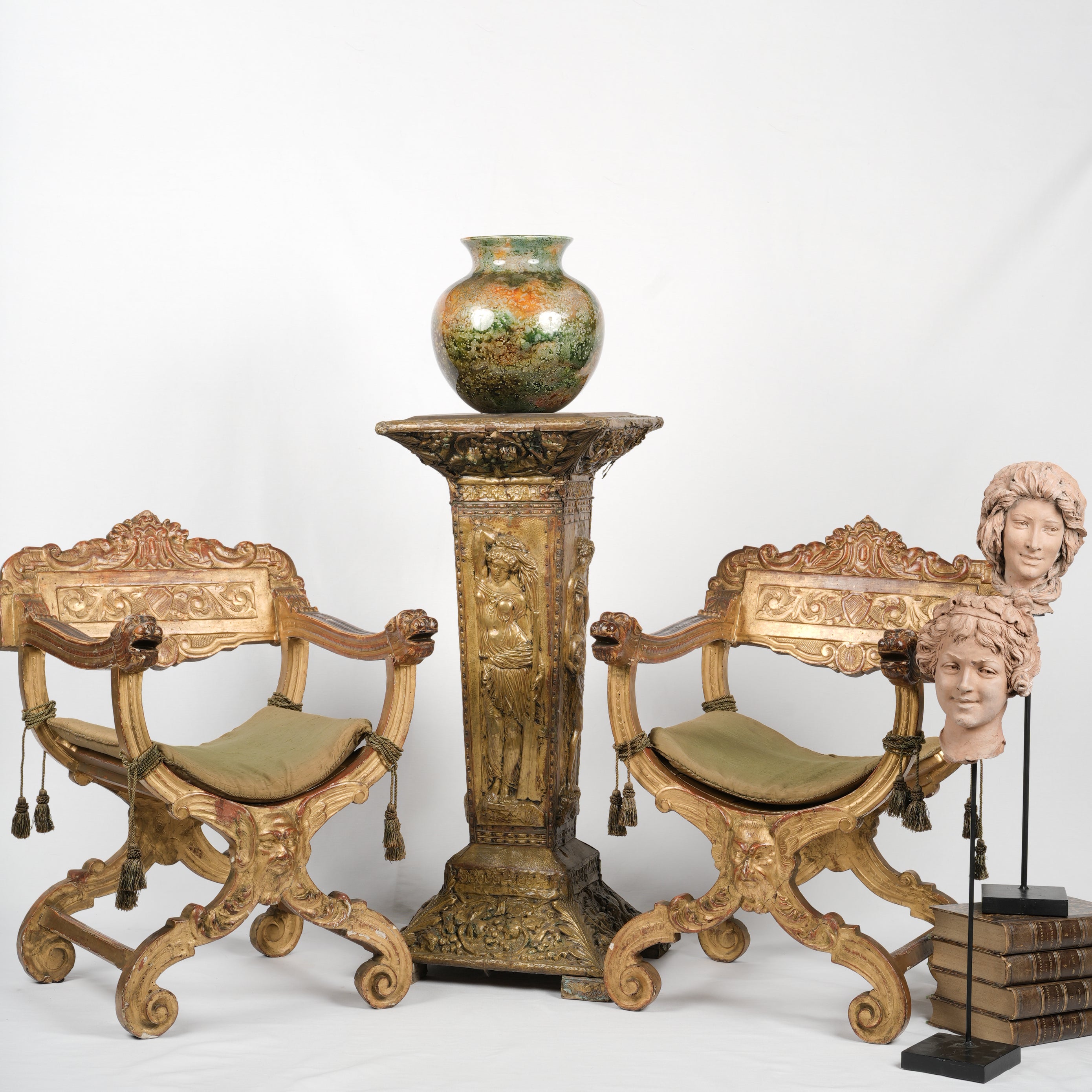 Classical nymph-decorated brass pedestal
