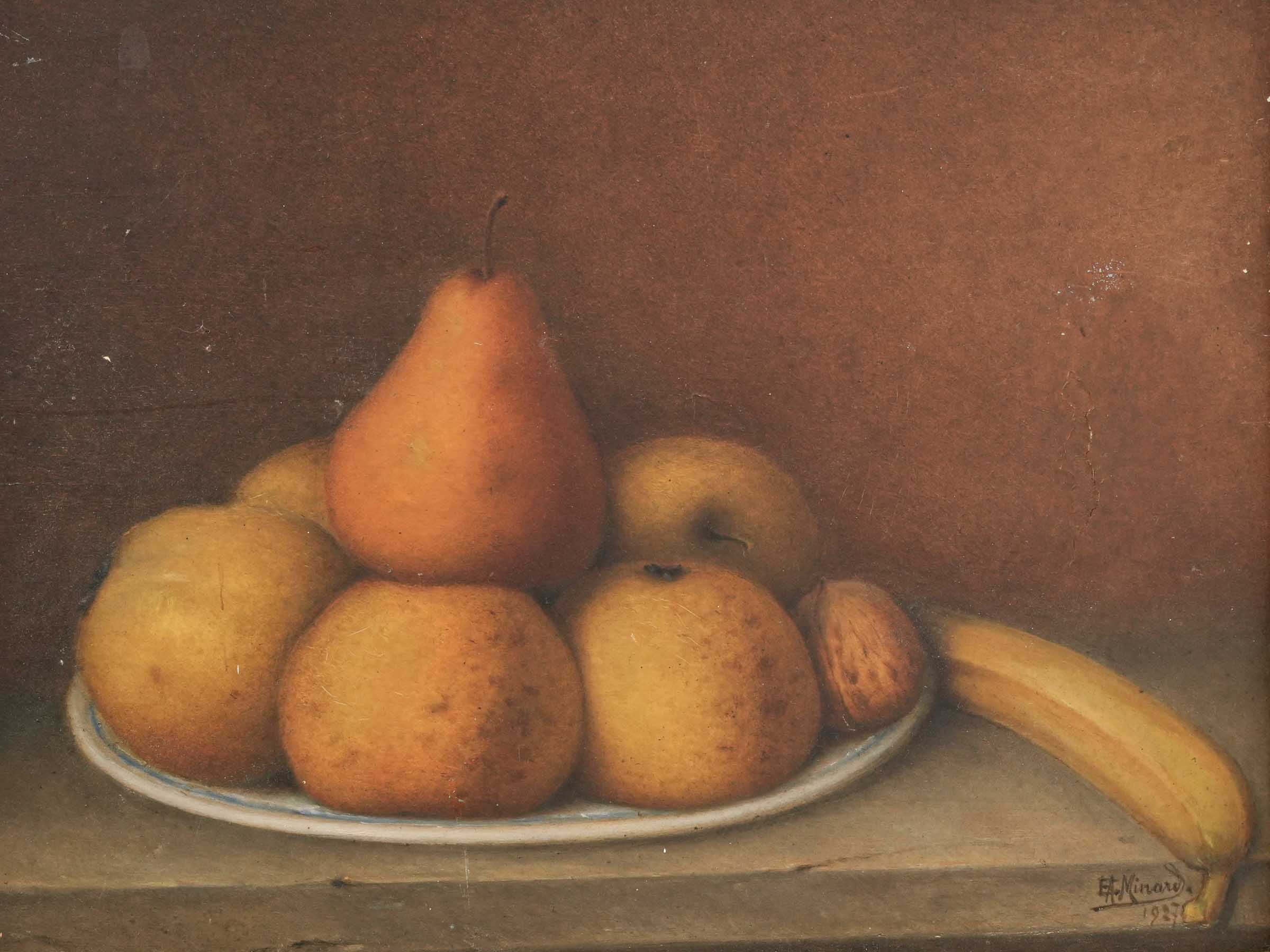 Antique Oil-on-Wood Still Life Painting with Autumn Fruit dated 1927 - 12½" x 16¼"