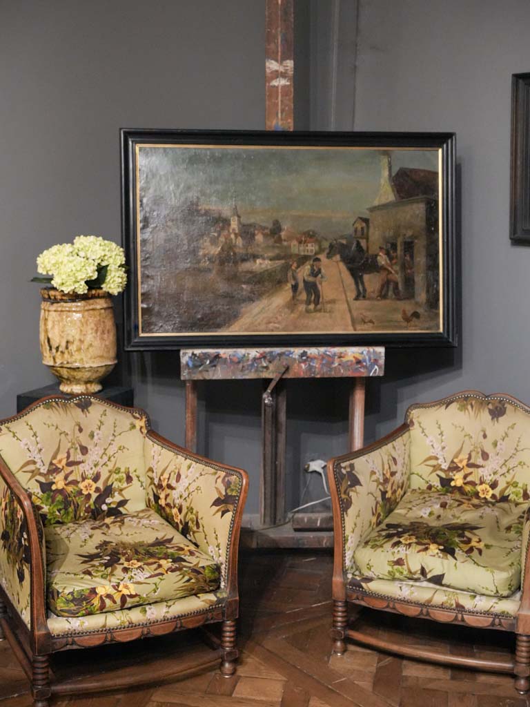 Rustic canvas art, village depiction