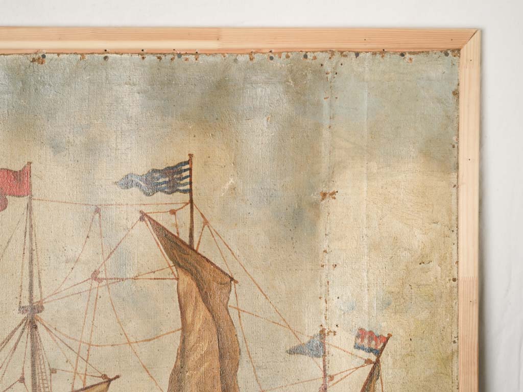 Softened palette historic harbor painting.