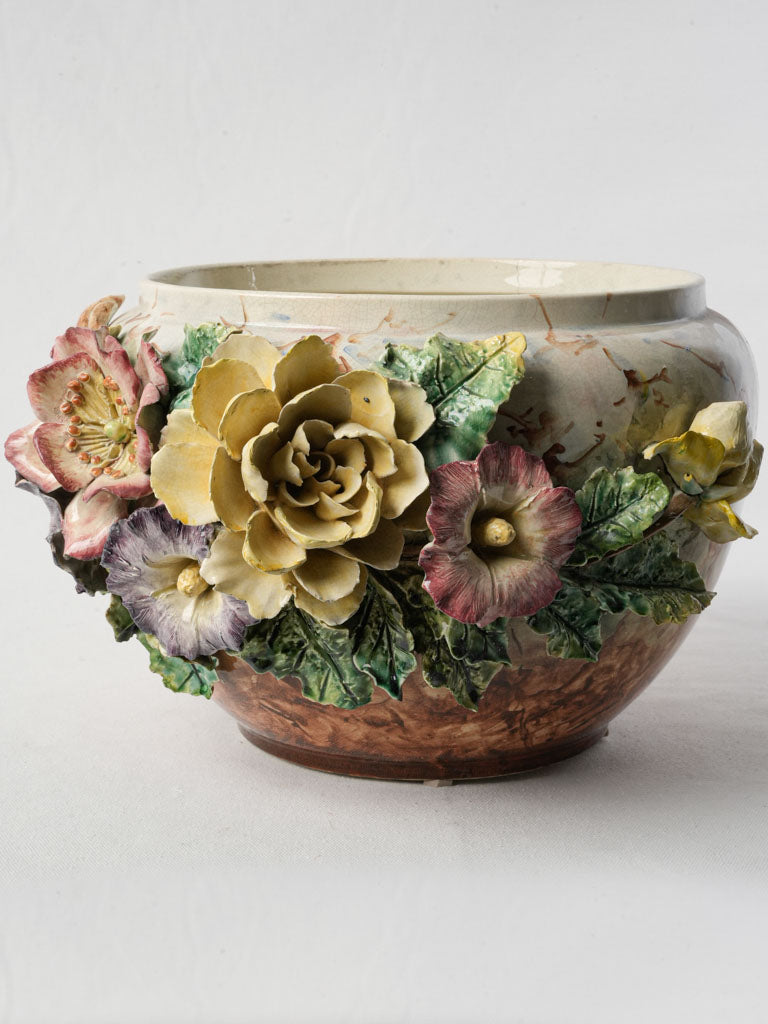 majolica plant pot Late 19th Century Montigny-sur-Loing Majolica Cache Pot w/ Sculpted Flowers