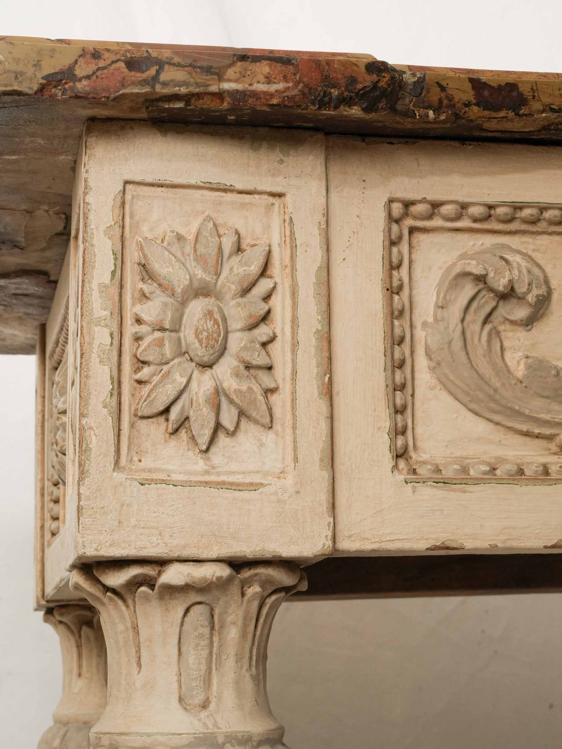 Antique Carved and Painted Wood Console Table w/ Lively Marble Top - 33¾" x 47¼"