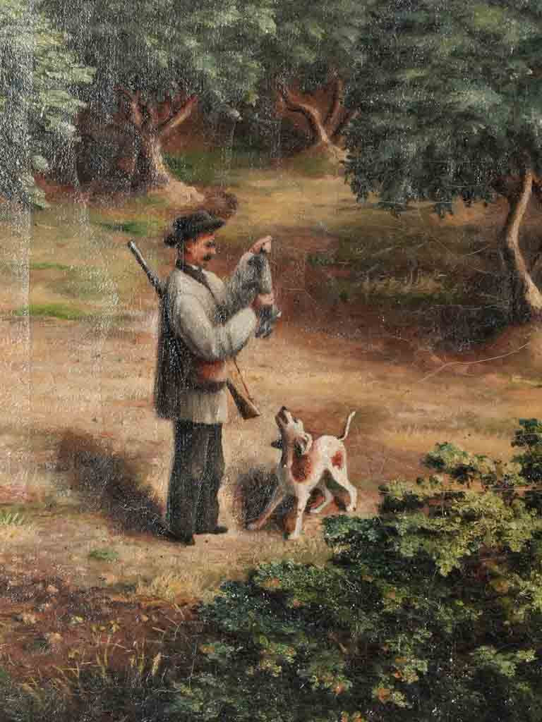 Vintage canvas with excited dog depiction