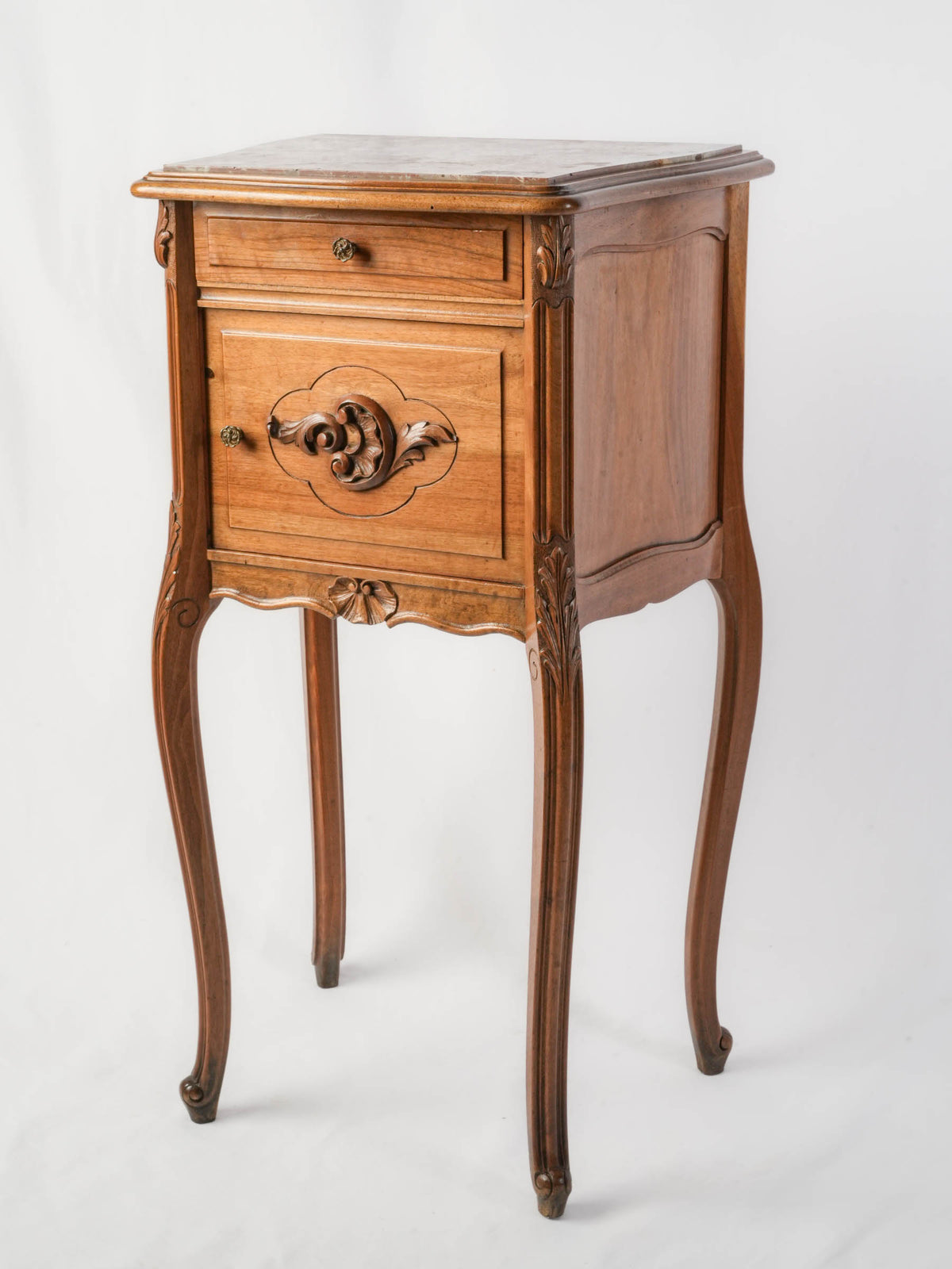 Late 19th-Century French Louis XV-Style Walnut Bedside Cabinet with Marble Top - 34¾"