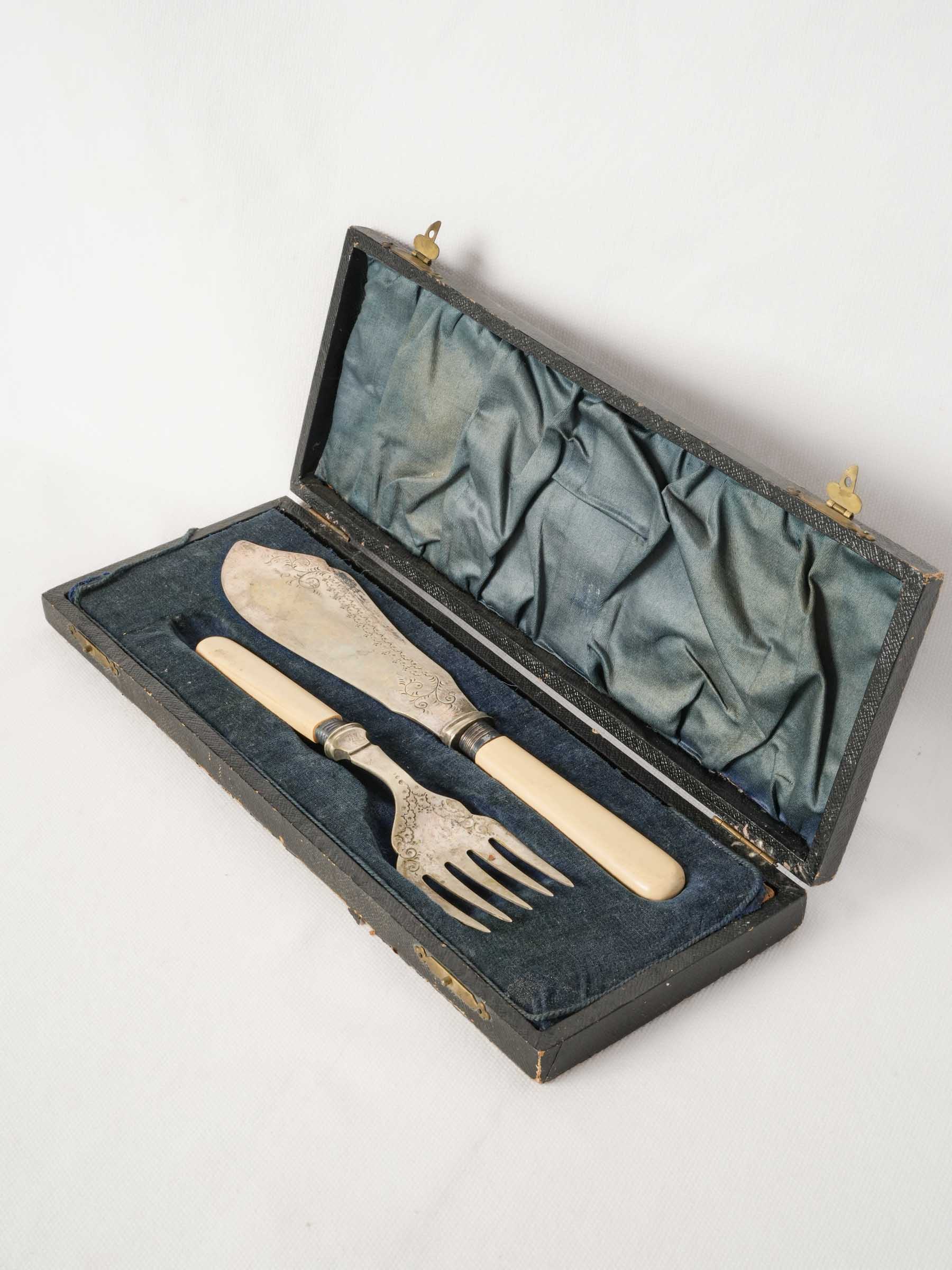 Antique French Silver Plate Fish Serving Set in Leather Box