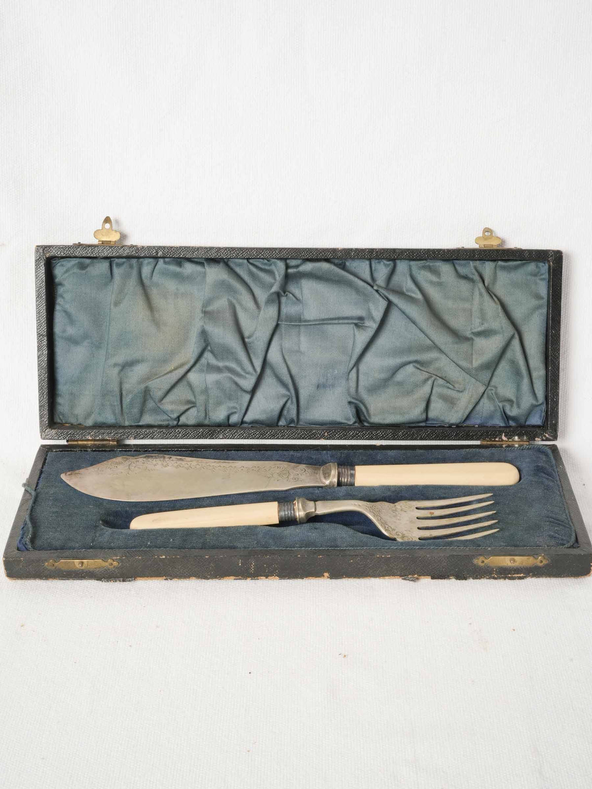 Antique French Silver Plate Fish Serving Set in Leather Box