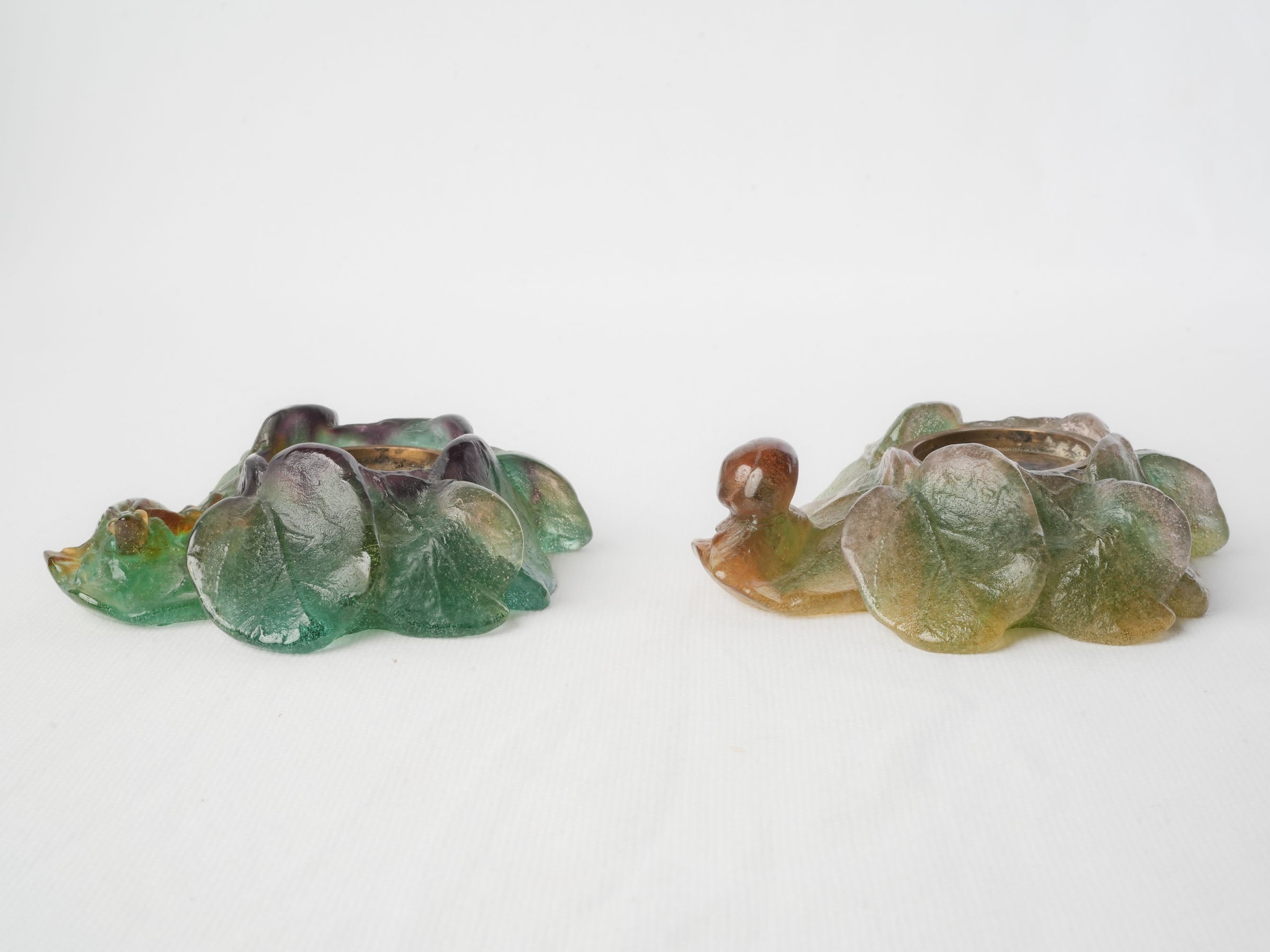 Pair Of Vintage Nature-Inspired Coloured Art Glass Candle Holders By Daum - 5"