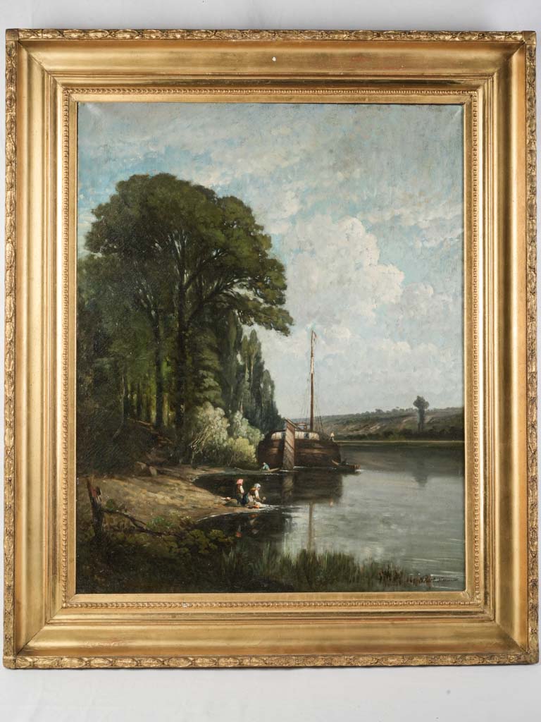 Antique oil painting riverside scene