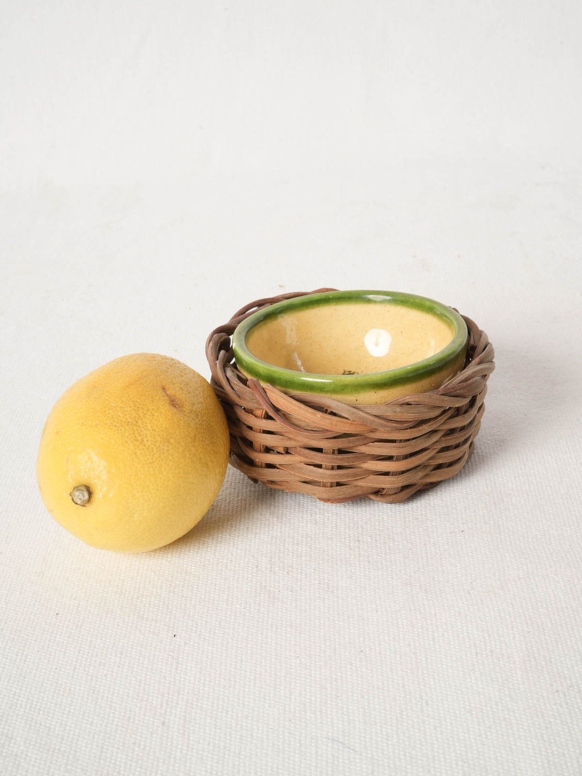 Miniature French Ceramic Bowl with Hand-Painted Tree and Wicker Cradle