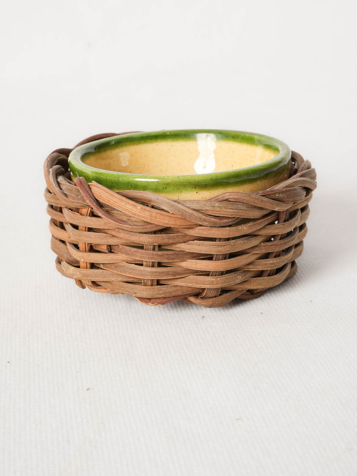 Miniature French Ceramic Bowl with Hand-Painted Tree and Wicker Cradle