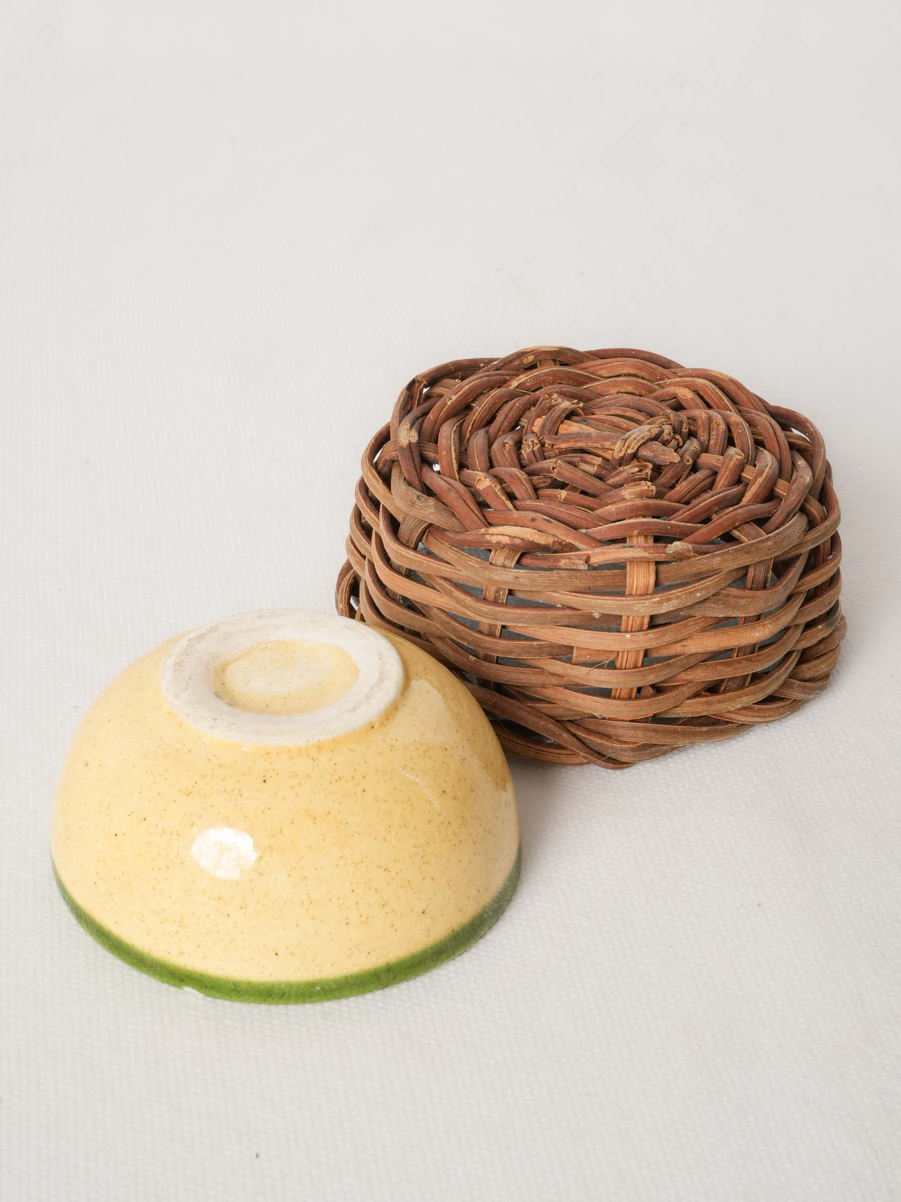 Miniature French Ceramic Bowl with Hand-Painted Tree and Wicker Cradle